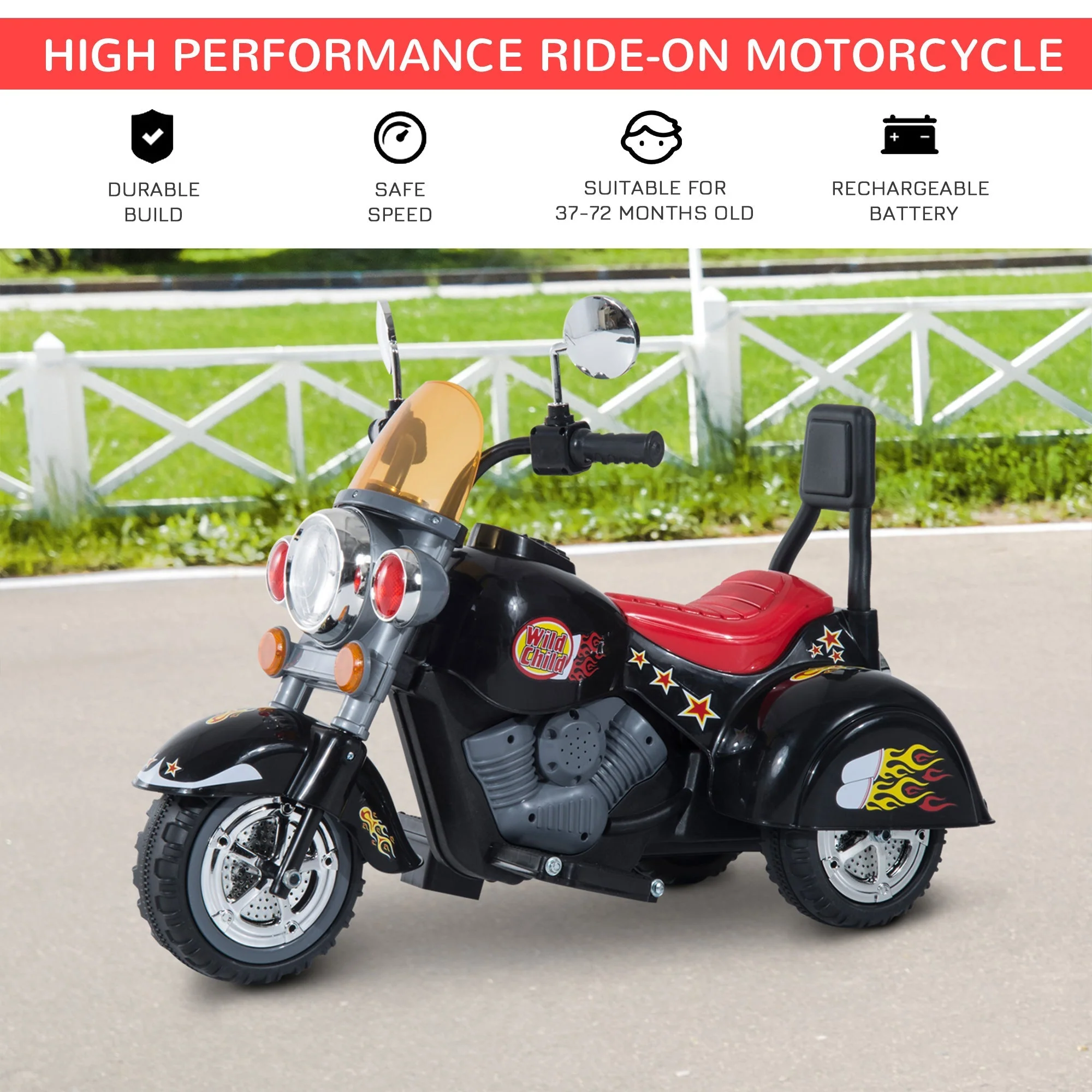 Homcom Kids Ride On Toy Car Motorbike Electric Scooter 6V Battery Operated Toy Trike-Black - Image 3