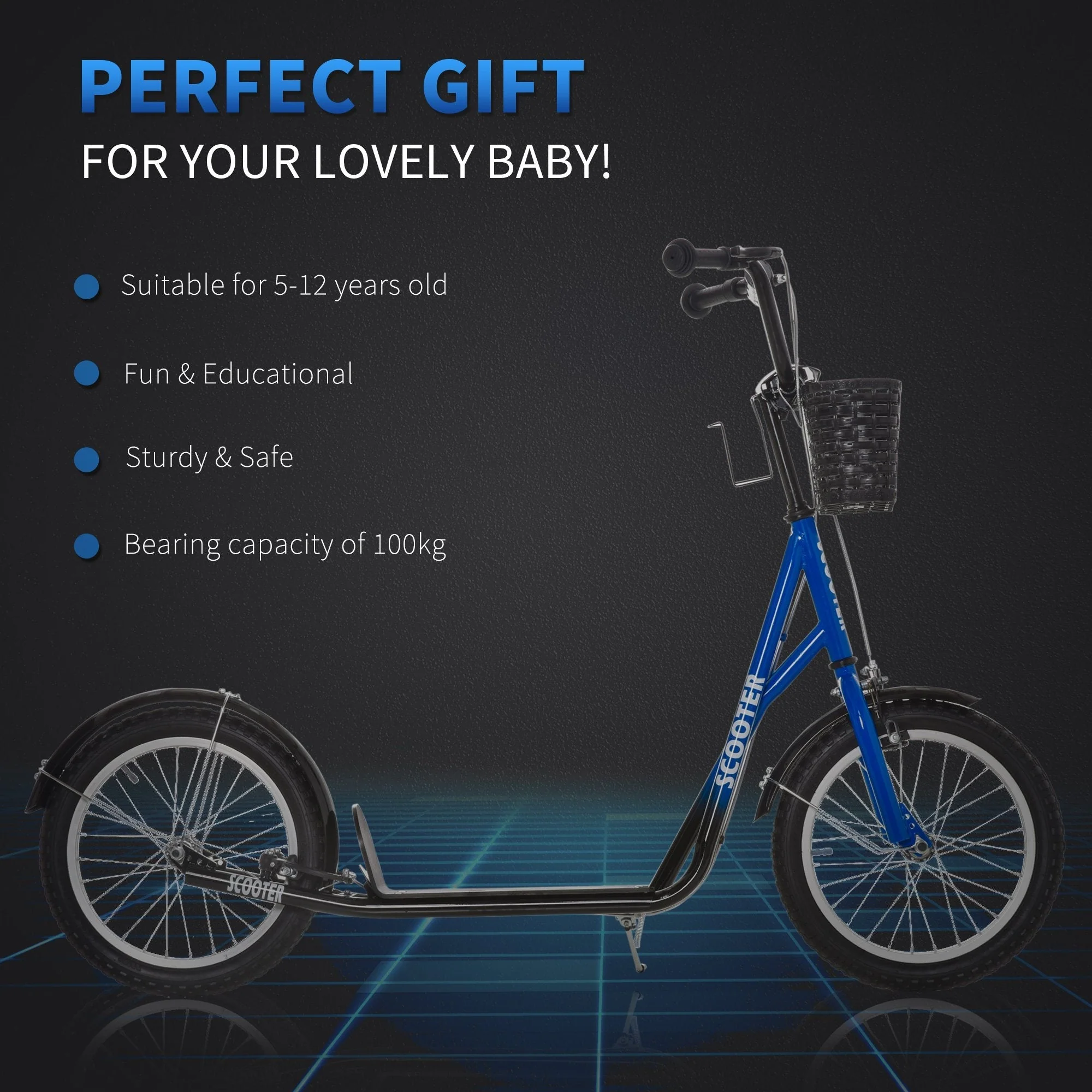 Homcom Kids Scooter Adjustable With Inflatable Wheel Brake Basket Cupholder Mudguard - Image 5