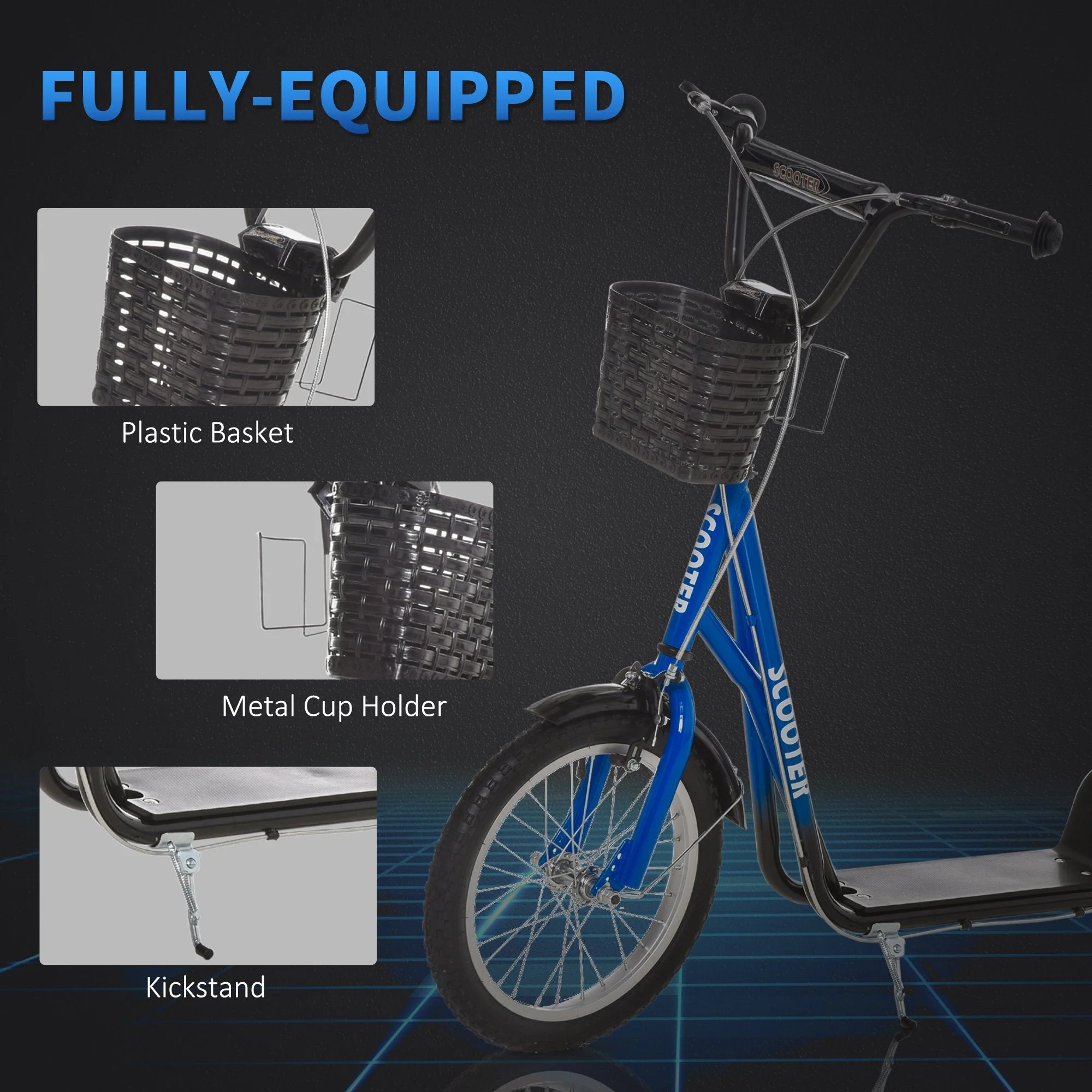 Homcom Kids Scooter Adjustable With Inflatable Wheel Brake Basket Cupholder Mudguard - Image 6