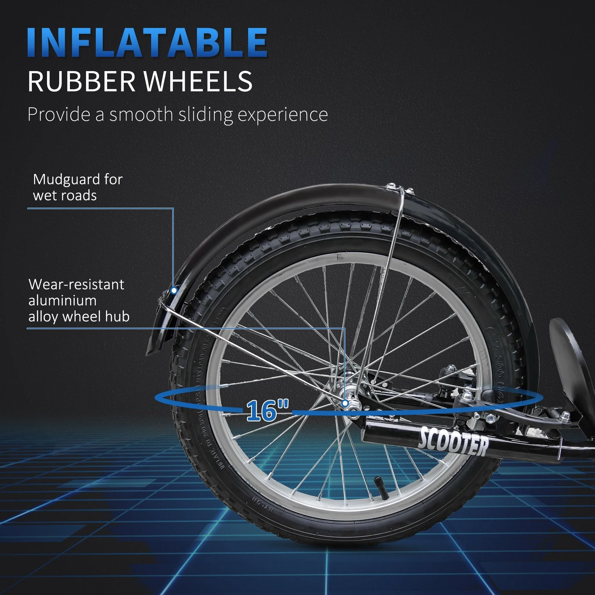 Homcom Kids Scooter Adjustable With Inflatable Wheel Brake Basket Cupholder Mudguard - Image 7