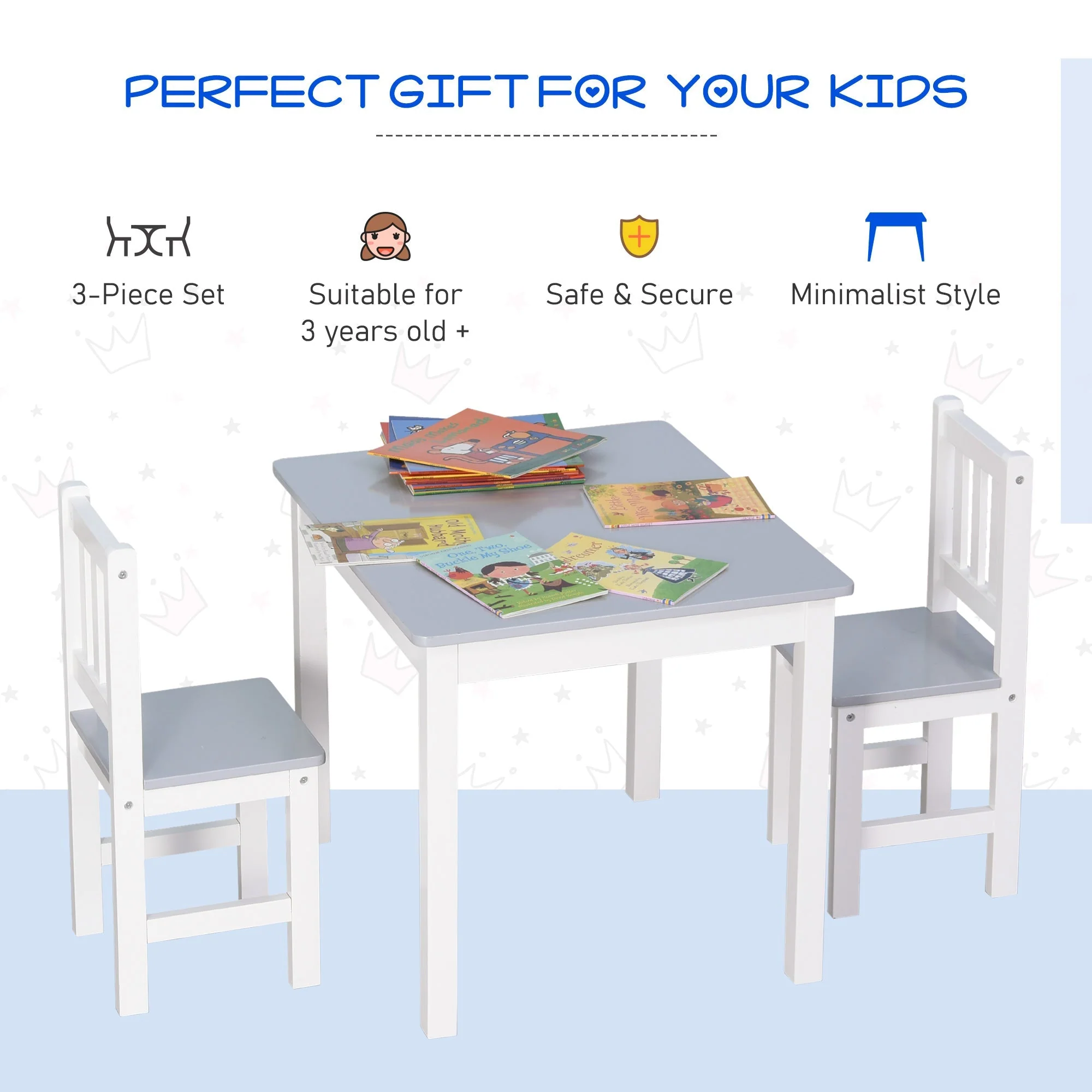 Homcom Kids Three-Piece Table and Chairs Set  Grey & White - Image 5