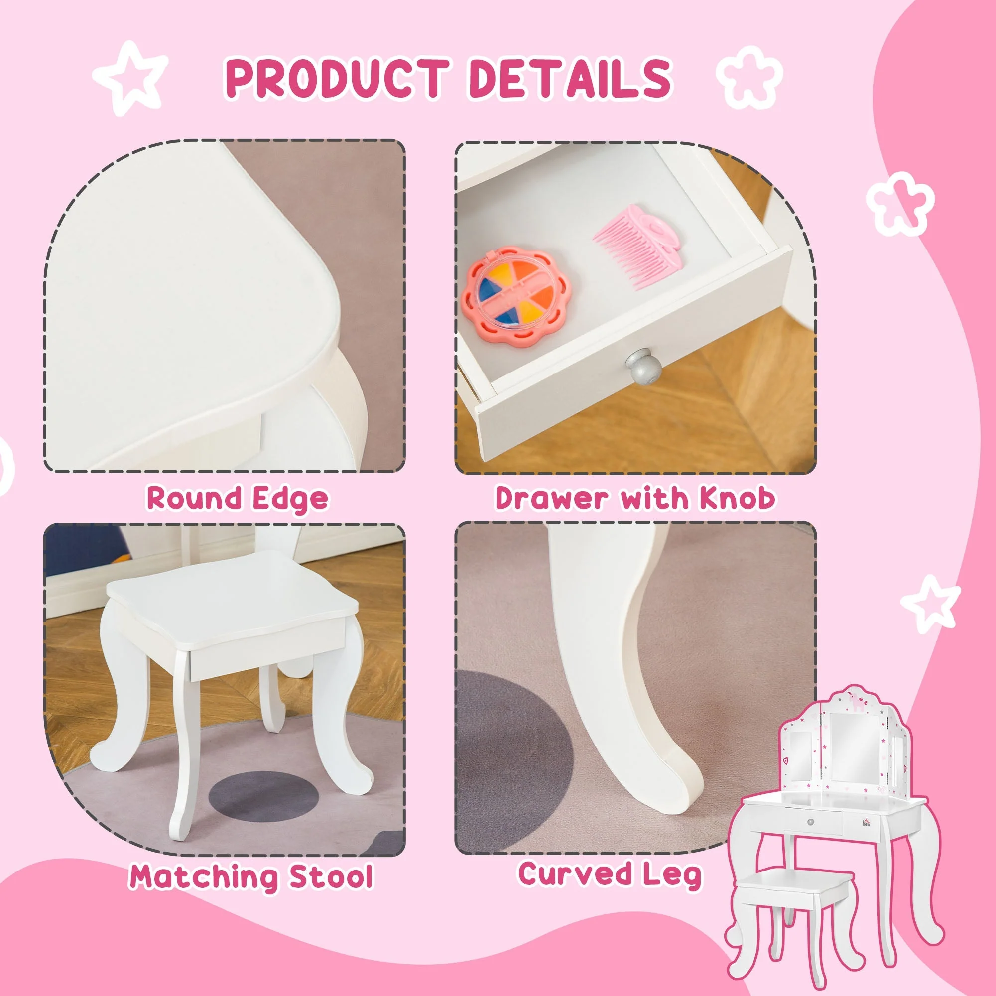 Homcom Kids Vanity Table & Stool Girls Dressing Set Make Up Desk Chair Dresser Play Set With Rotatable Mirrors Drawer Star & Heart Pattern White - Image 5