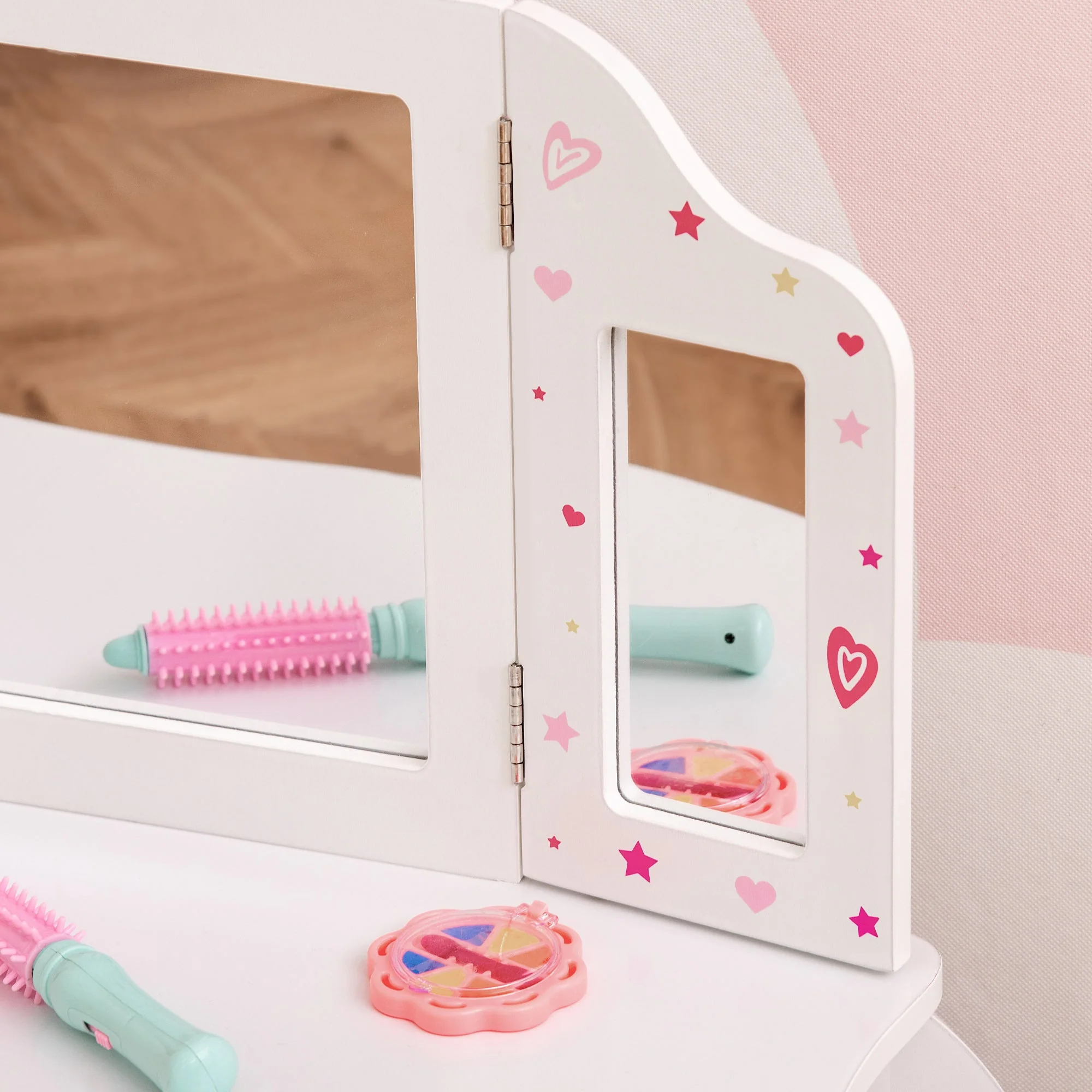 Homcom Kids Vanity Table & Stool Girls Dressing Set Make Up Desk Chair Dresser Play Set With Rotatable Mirrors Drawer Star & Heart Pattern White - Image 8
