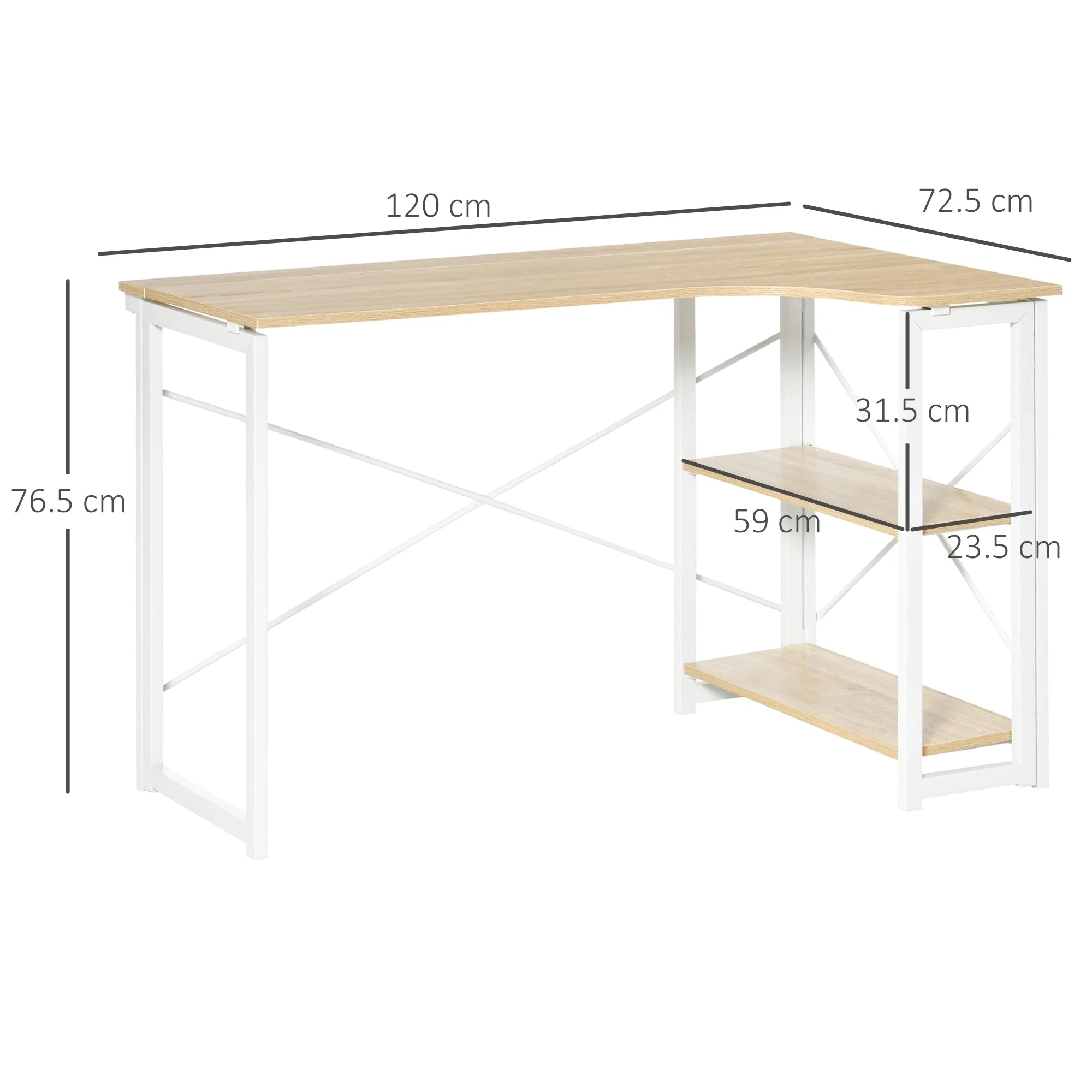 Homcom L-Shaped Desk Corner Computer Desk Folding Home Office Desk Study Table With 2 Shelves Oak Tone - Image 3