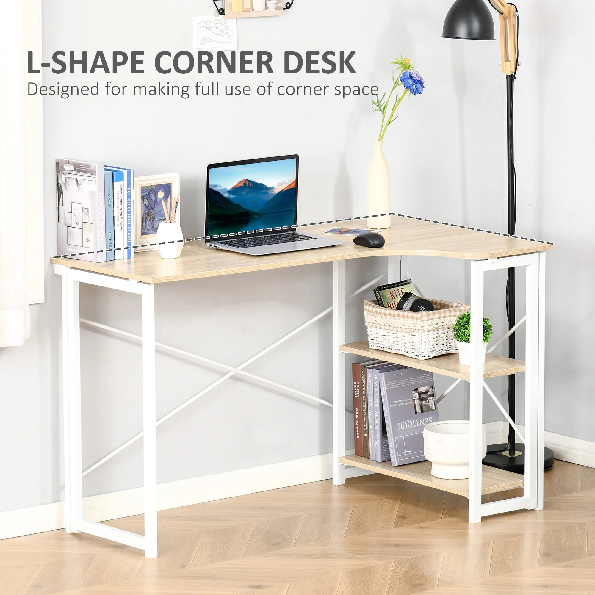 Homcom L-Shaped Desk Corner Computer Desk Folding Home Office Desk Study Table With 2 Shelves Oak Tone - Image 5