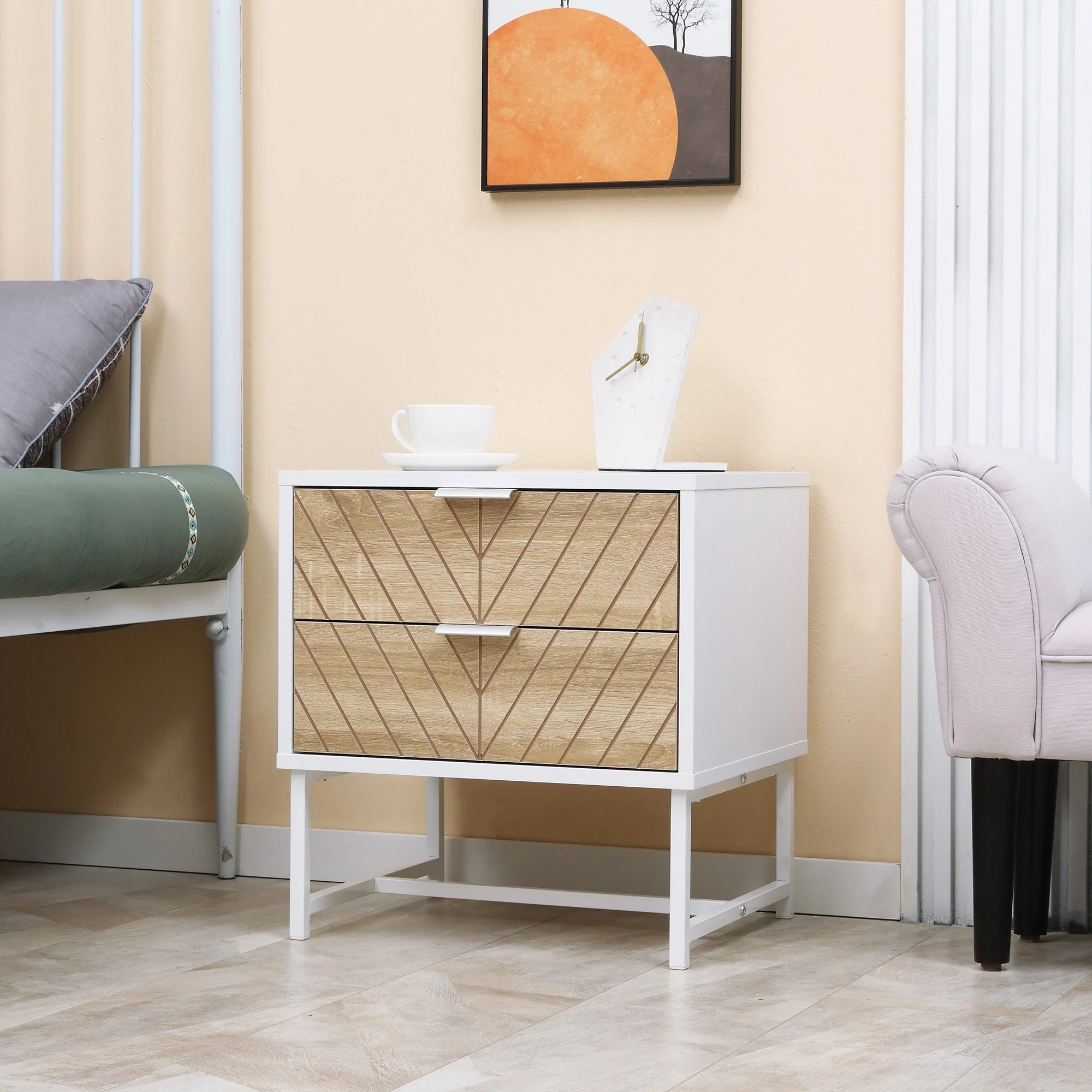 Homcom Modern Bedside Table With 2 Drawers Sofa Side Table For Bedroom White And Oak - Image 2