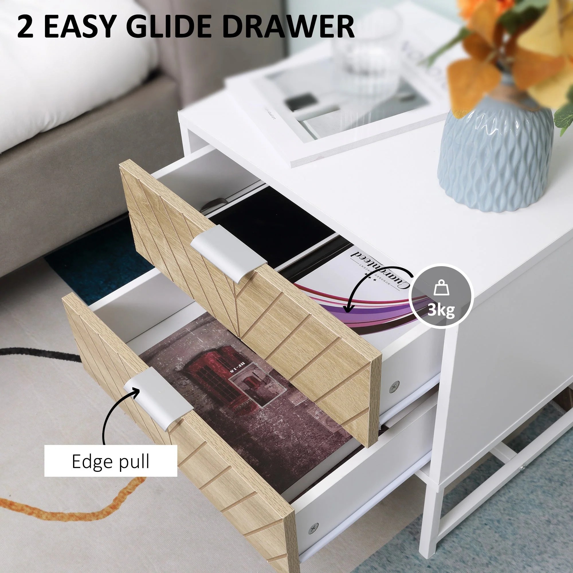 Homcom Modern Bedside Table With 2 Drawers Sofa Side Table For Bedroom White And Oak - Image 5