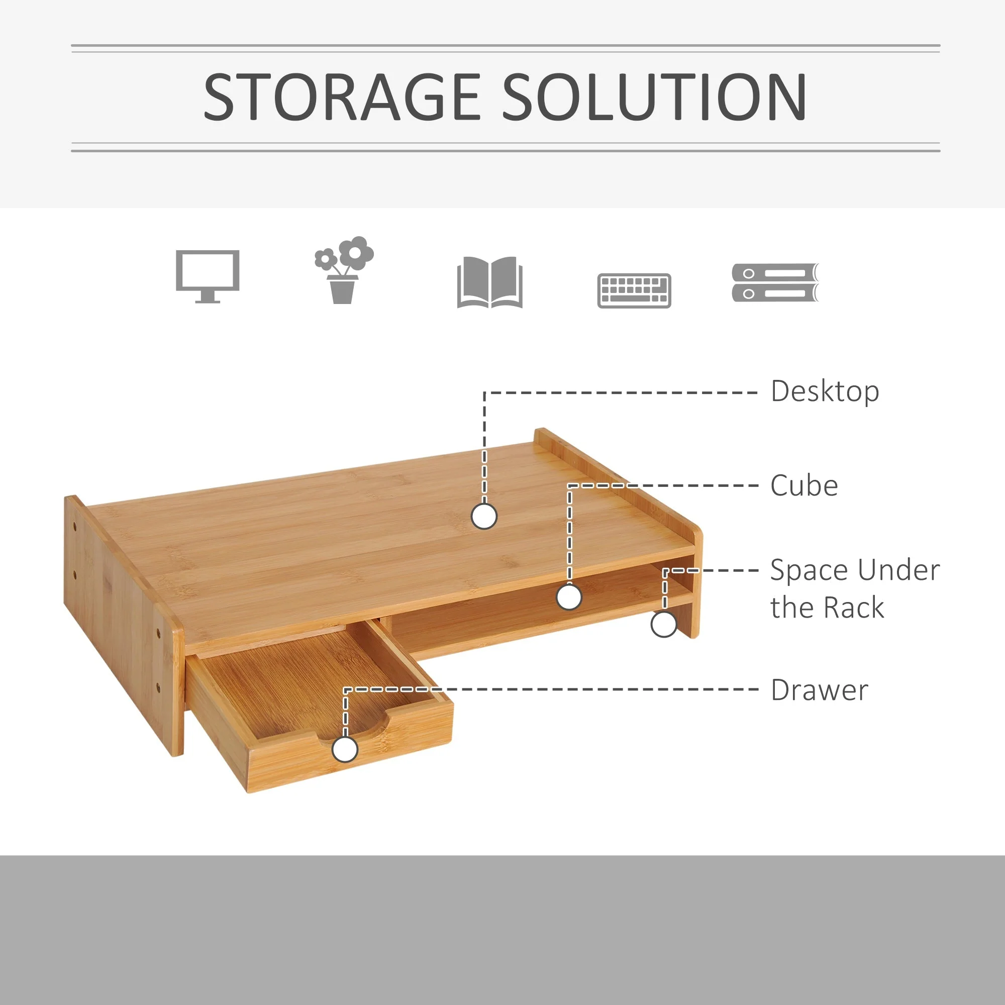 Homcom Monitor Riser Laptop Pc Plinth Stand Tv Computer Desktop Organiser With Drawer Bamboo - Image 5