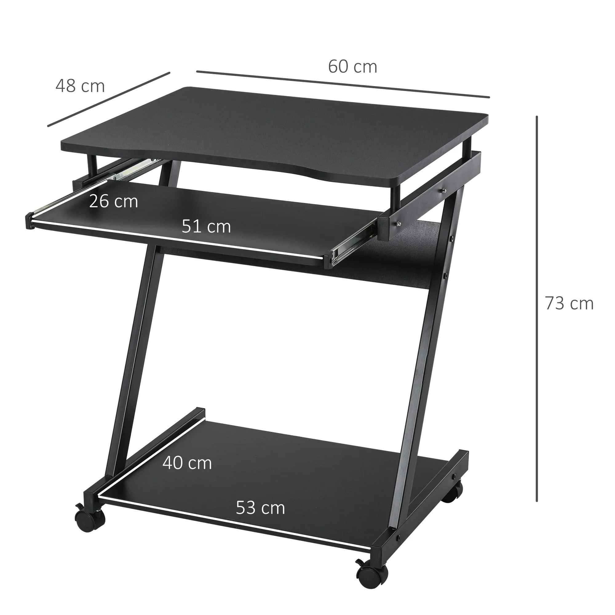 Homcom Movable Computer Desk With 4 Moving Wheels Sliding Keyboard Tray Home Office Workstation Black - Image 3