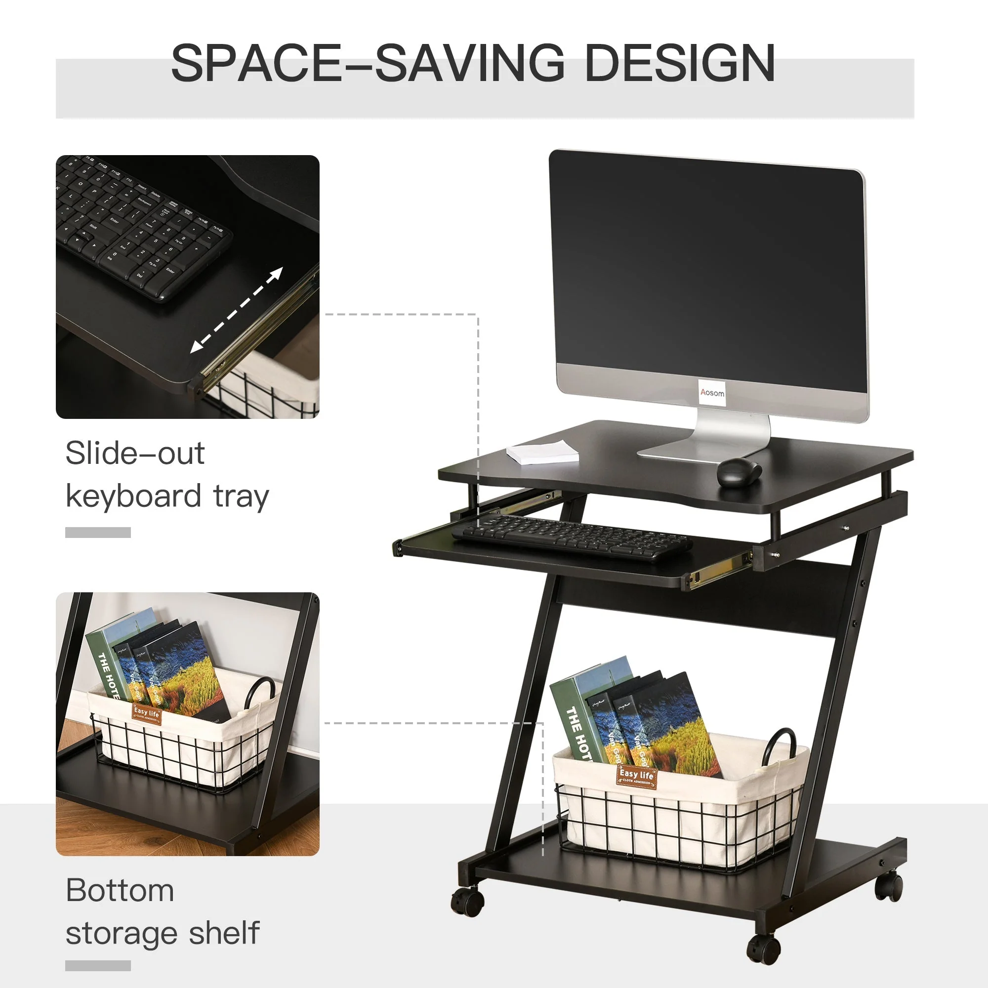 Homcom Movable Computer Desk With 4 Moving Wheels Sliding Keyboard Tray Home Office Workstation Black - Image 6