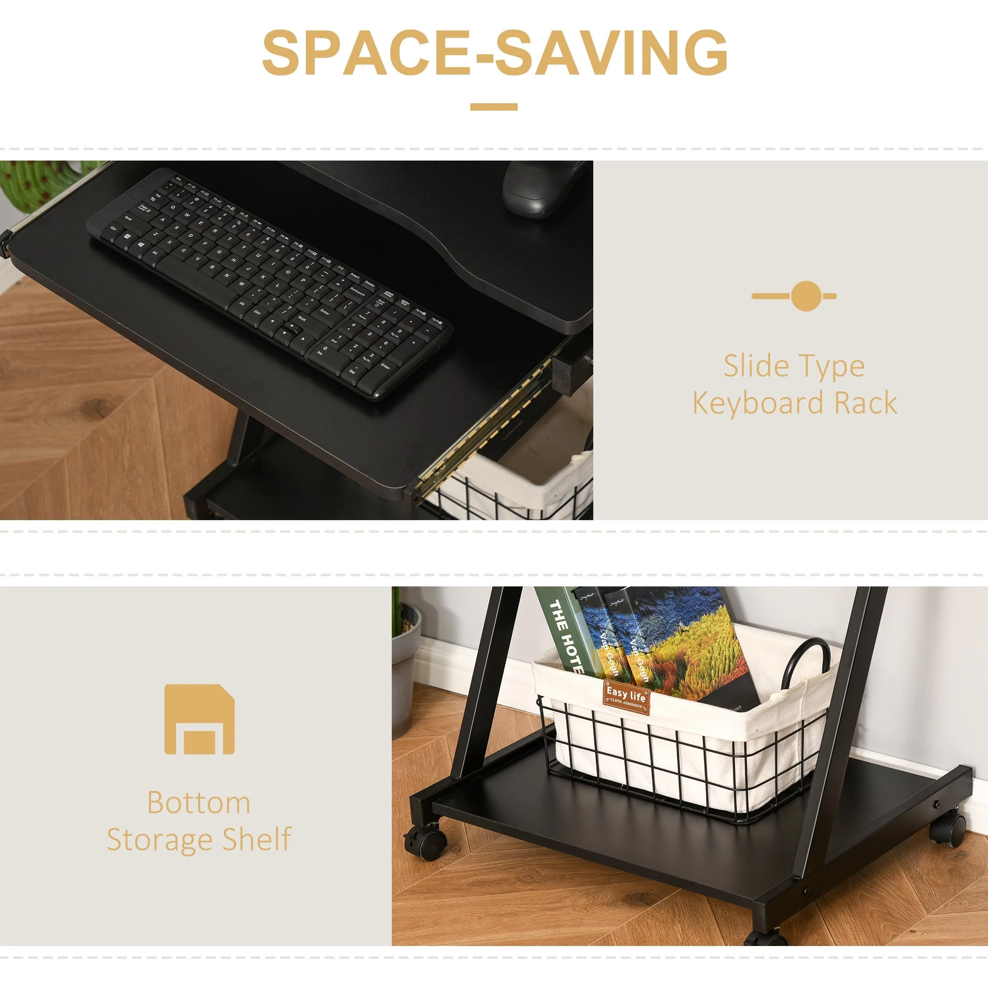 Homcom Movable Computer Desk With 4 Moving Wheels Sliding Keyboard Tray Home Office Workstation Black - Image 8