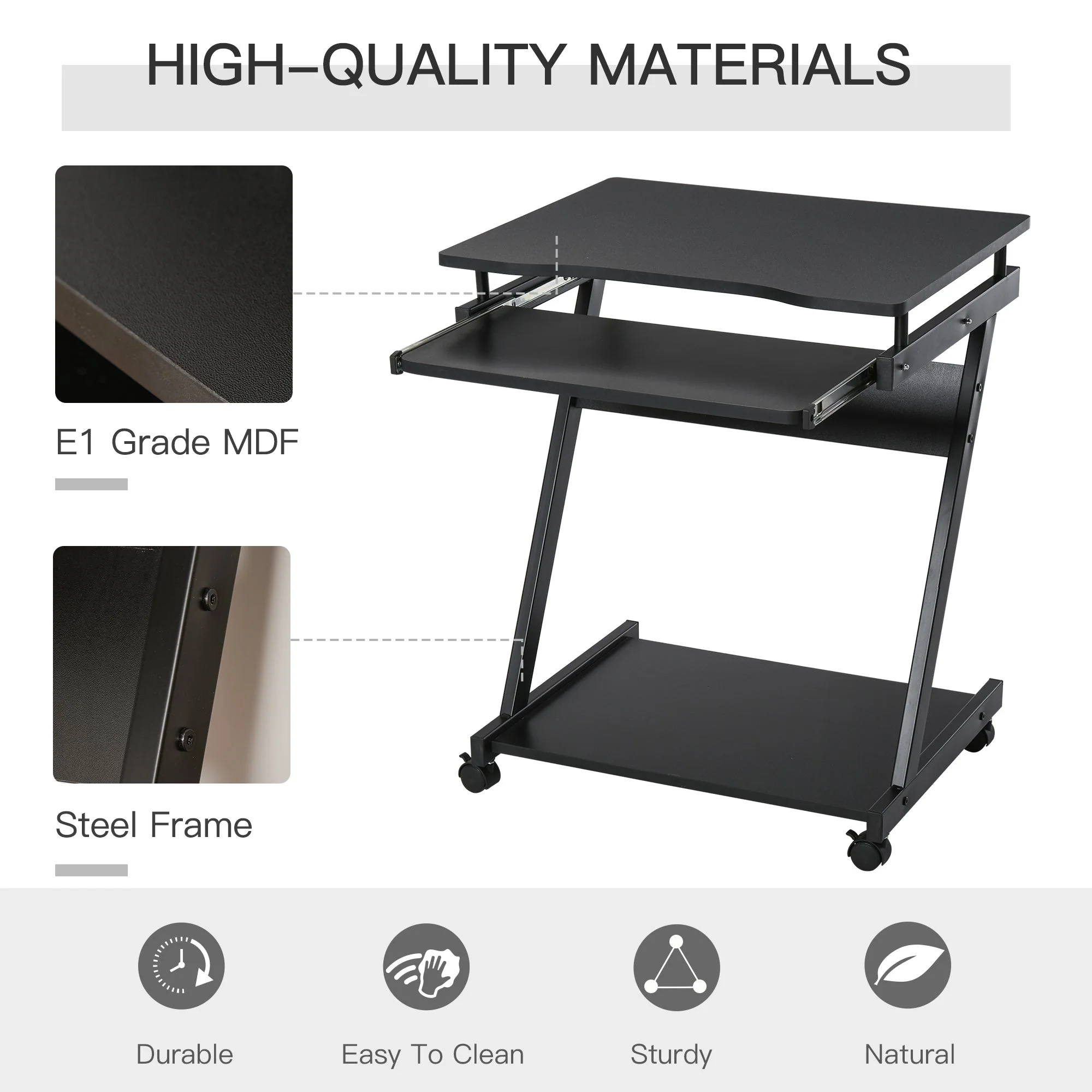 Homcom Movable Computer Desk With 4 Moving Wheels Sliding Keyboard Tray Home Office Workstation Black - Image 9