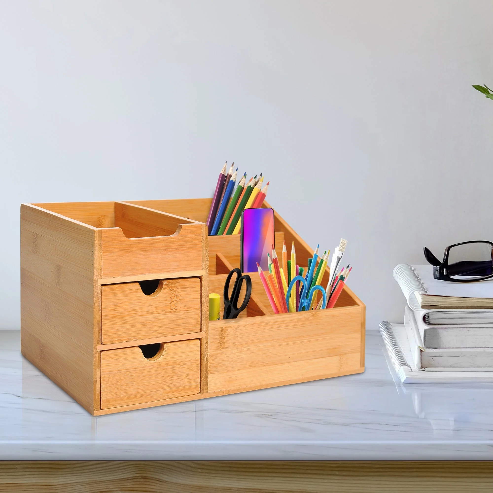 Homcom Organiser Holder Multi-Function Storage Caddy Drawers Home Office Stationary Supplies 7 Storage Compartments And 2 Drawers Natural Wood - Image 2