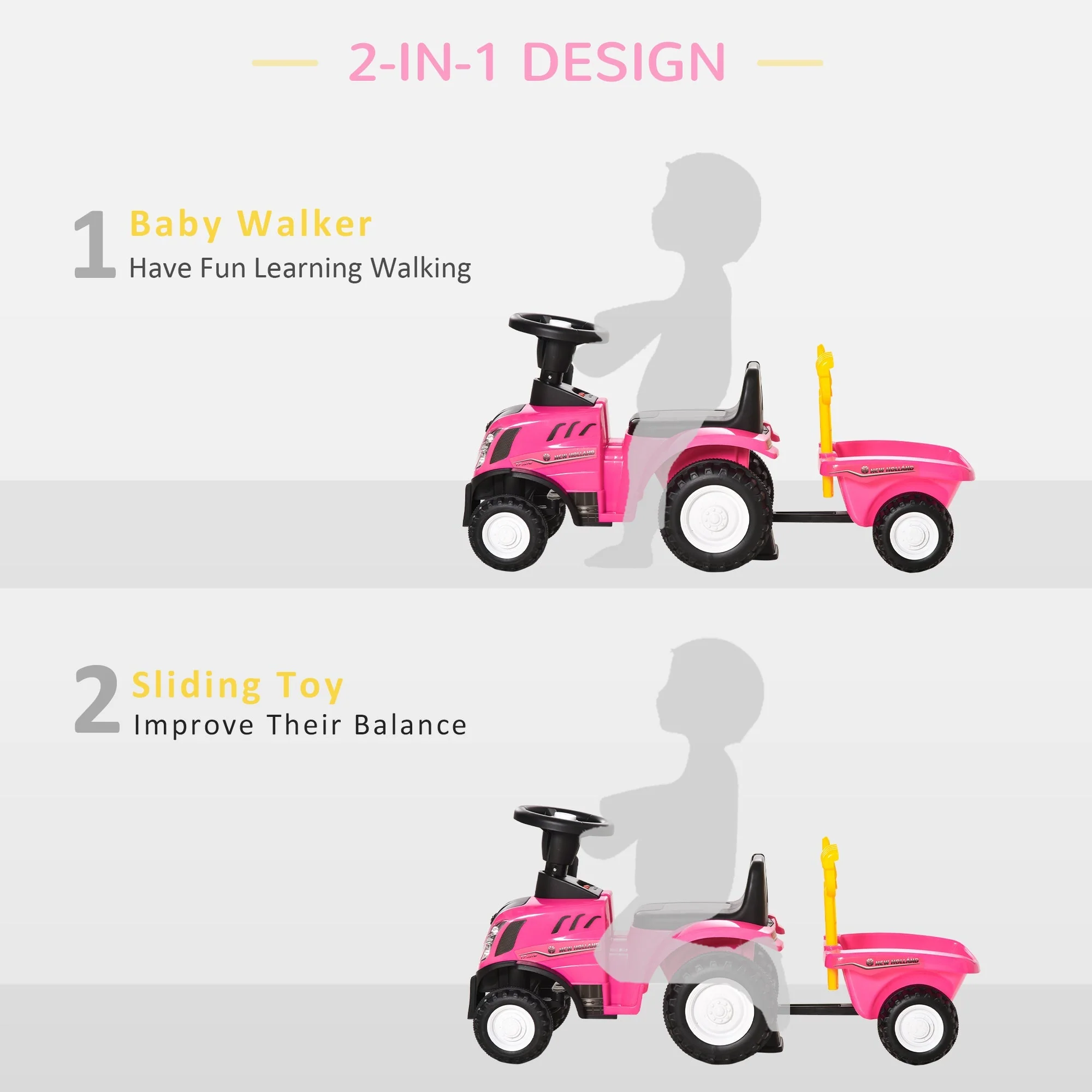 Homcom Ride-On Tractor Toddler Walker Foot-To-Floor Slide For Ages 1-3 Years - Pink - Image 3