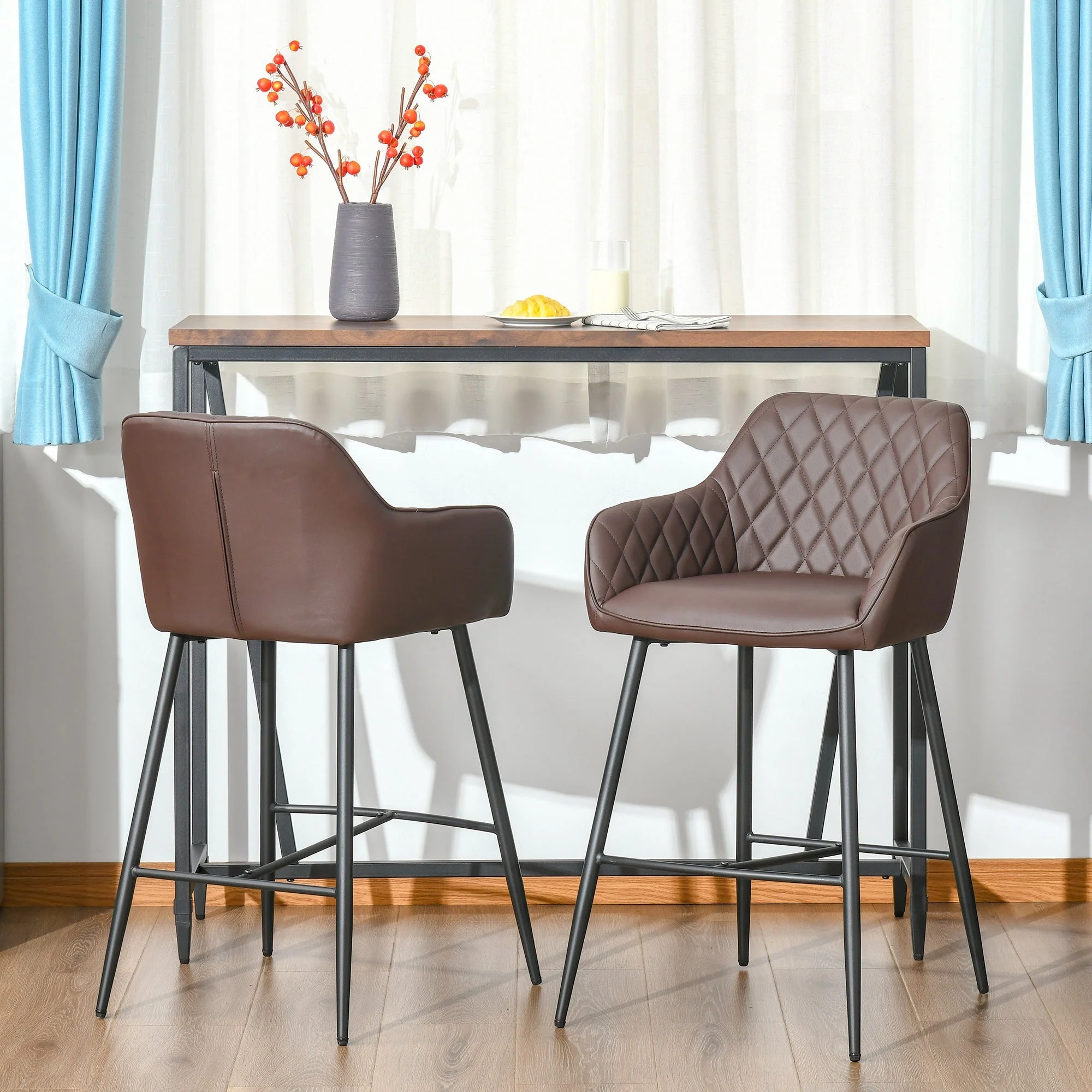 Homcom Set Of 2 Bar Stools Retro Pu Leather Bar Chairs W/ Footrest Metal Frame Comfort Support Stylish Dining Seating Home Brown - Image 2