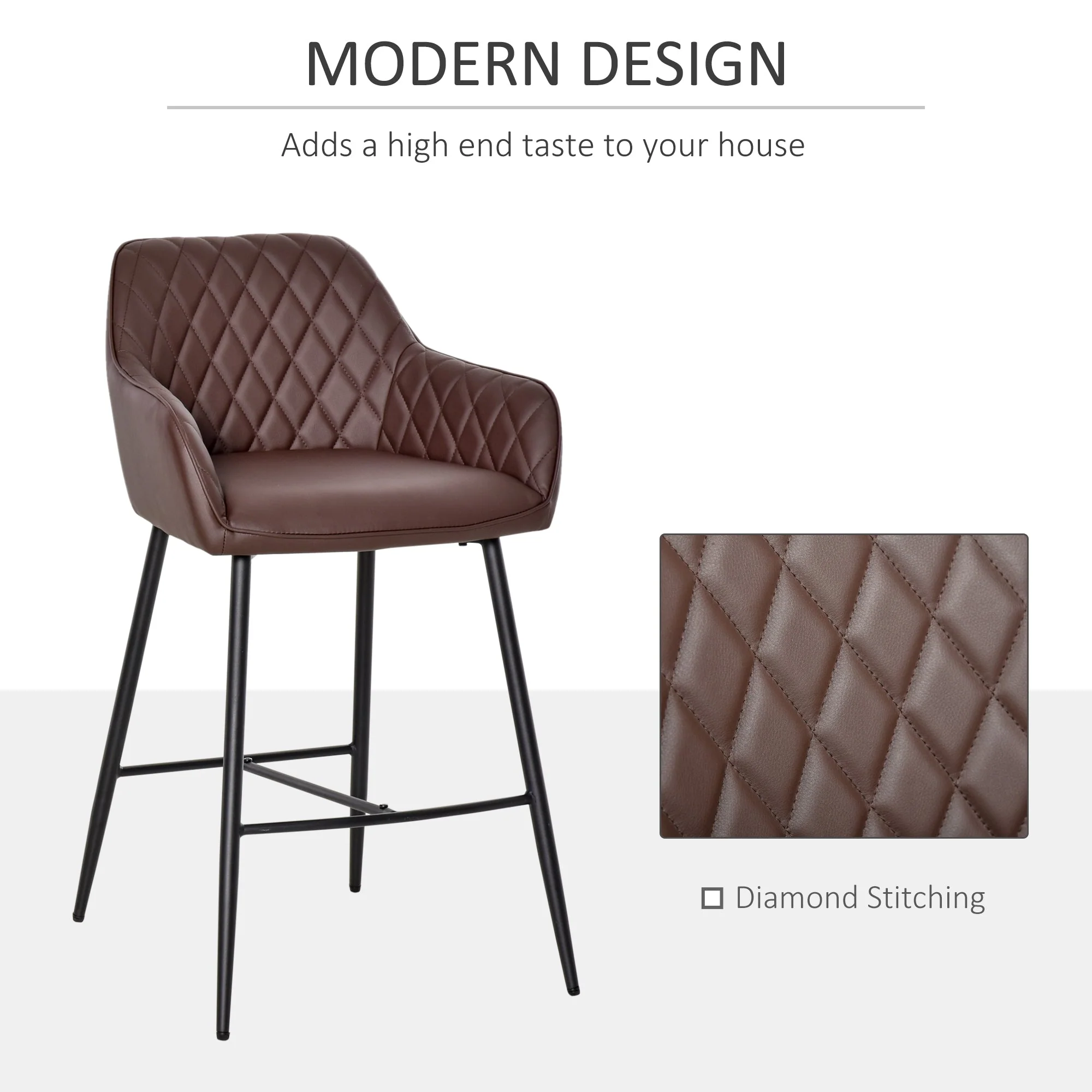 Homcom Set Of 2 Bar Stools Retro Pu Leather Bar Chairs W/ Footrest Metal Frame Comfort Support Stylish Dining Seating Home Brown - Image 4