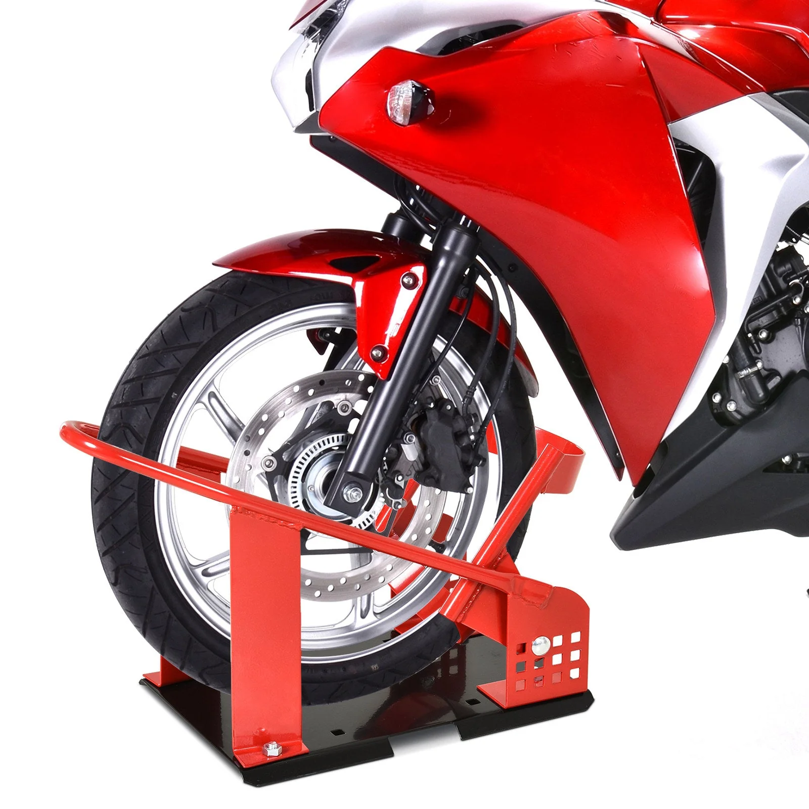 Homcom Steel Freestanding Motorcycle Wheel Chock Red - Image 2