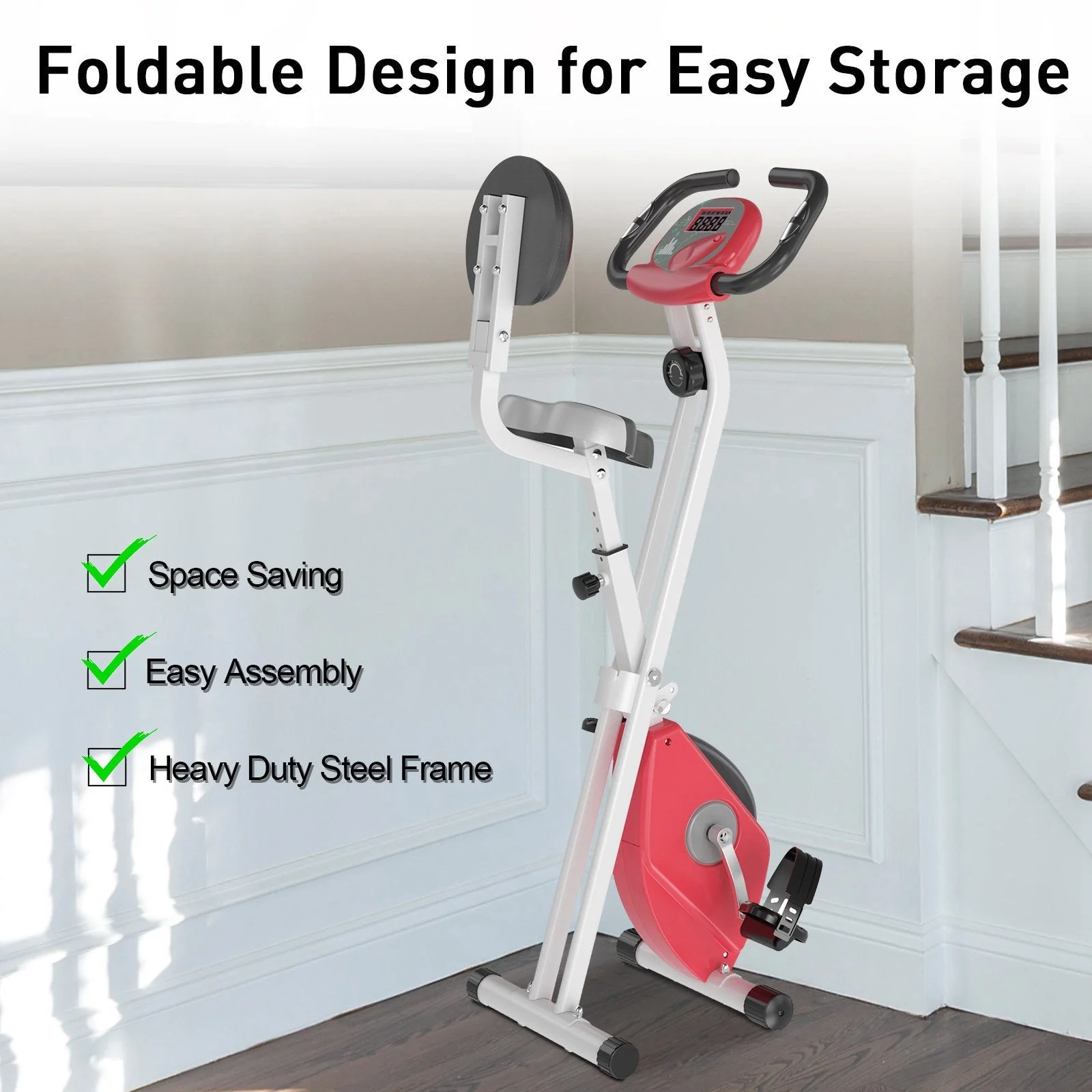 Homcom Steel Manual Stationary Bike Resistance Exercise Bike w/ LCD Monitor Red - Image 7