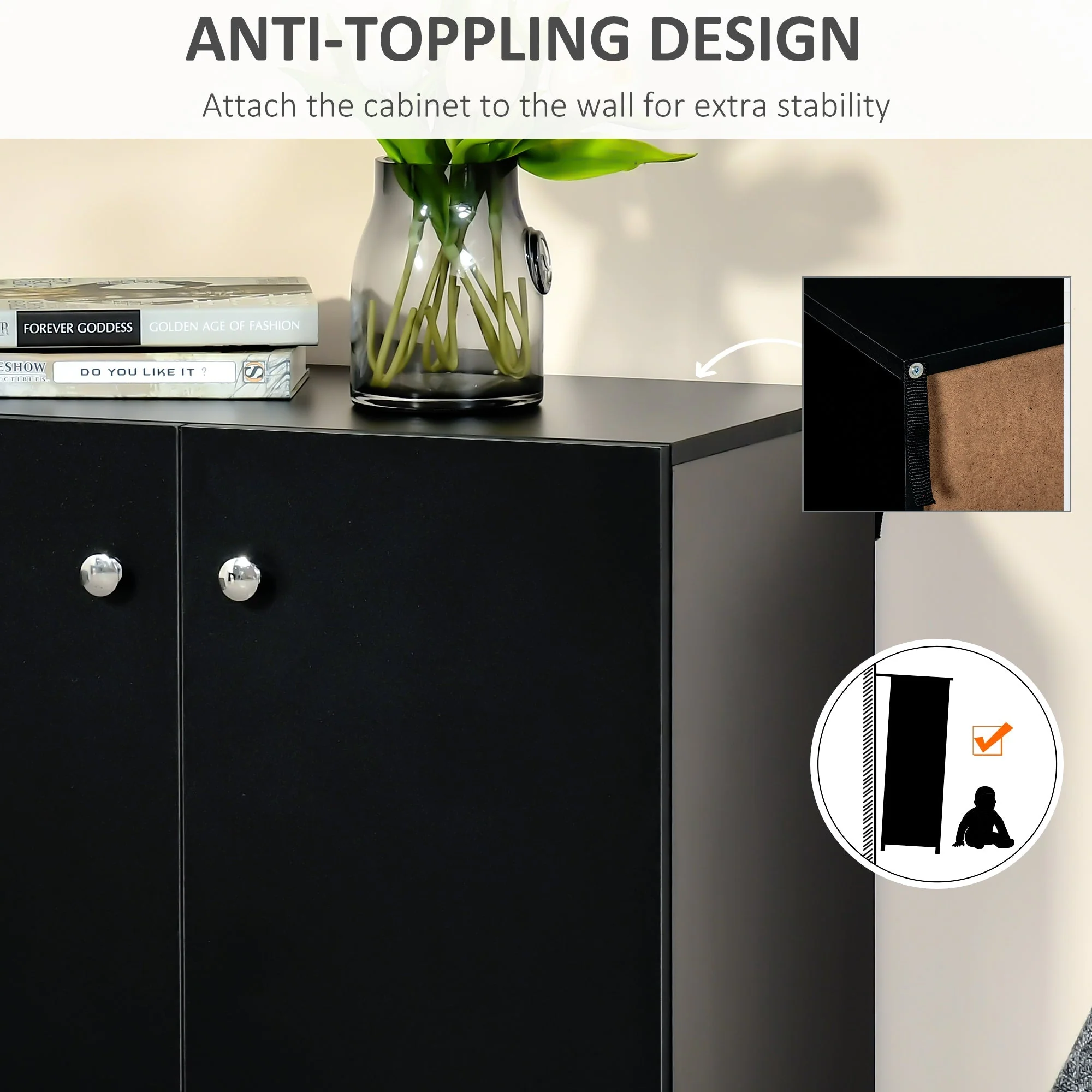 Homcom Storage Cabinet With Two Shelves Wooden Sideboard Freestanding Kitchen Cupboard Bookcase - Black - Image 5
