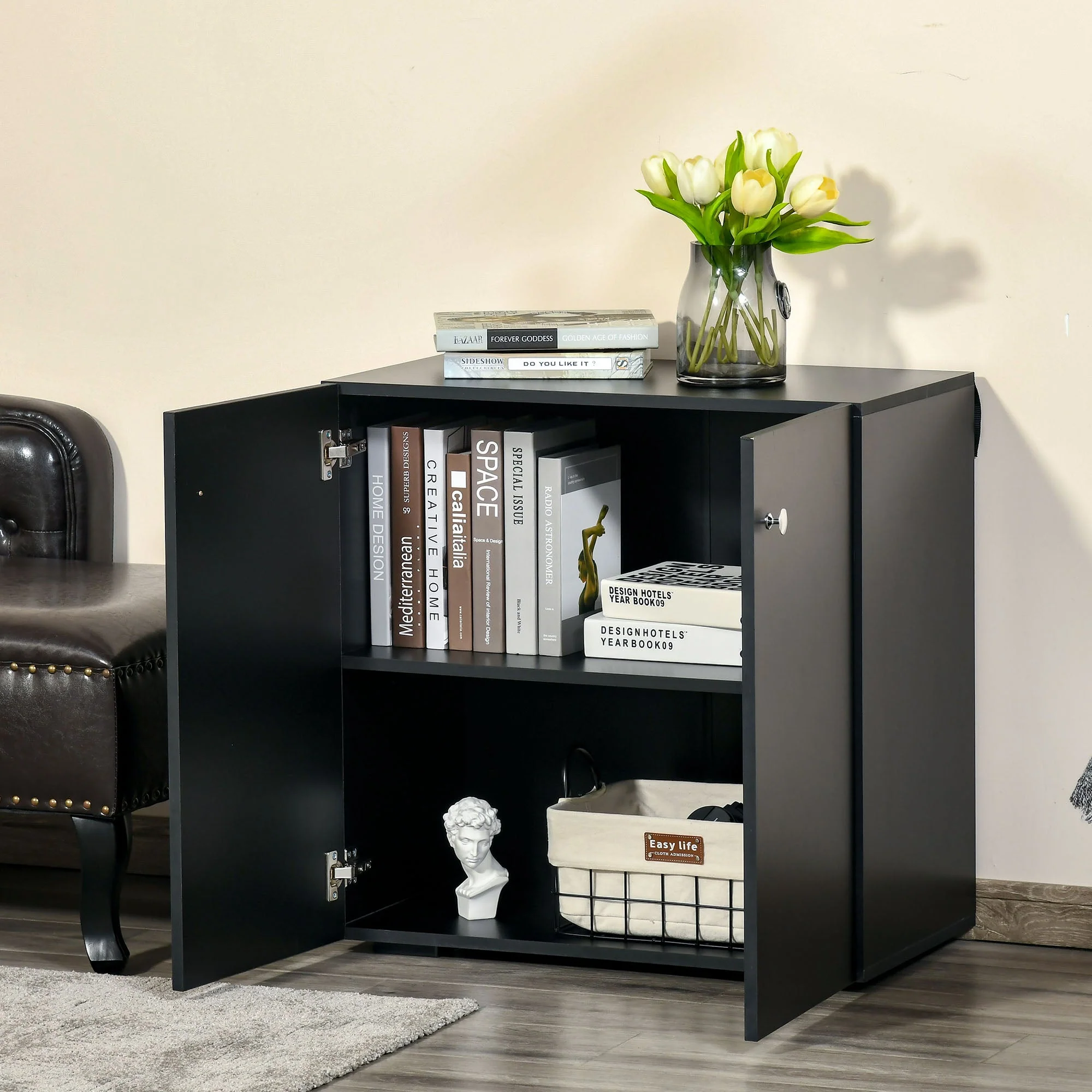 Homcom Storage Cabinet With Two Shelves Wooden Sideboard Freestanding Kitchen Cupboard Bookcase - Black - Image 8
