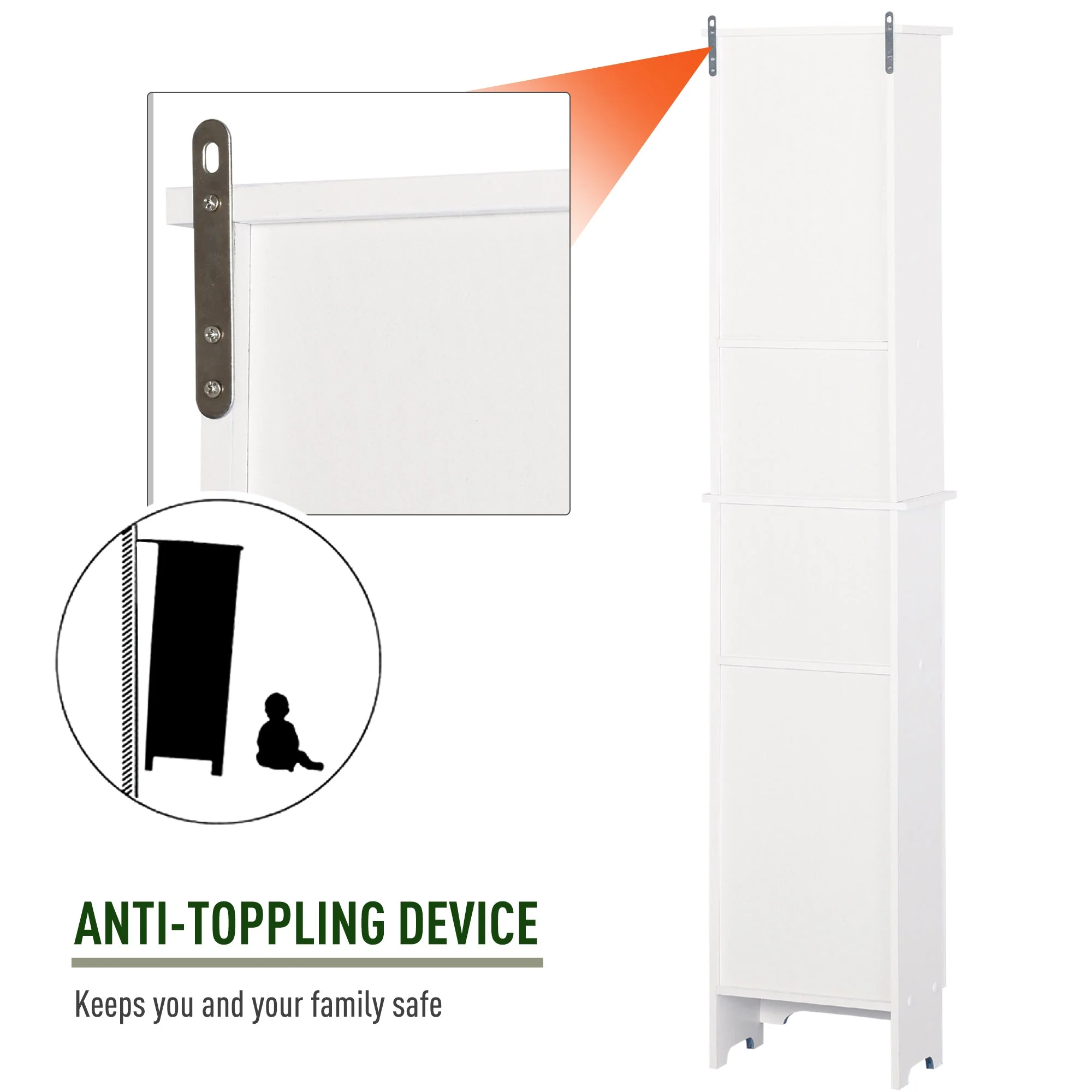 Homcom Tall Bathroom Cabinet Storage Cupboard Floor Standing Home Bathroom Furniture W/ 6 Shelves 165H X 34W X 20D cm White - Image 4