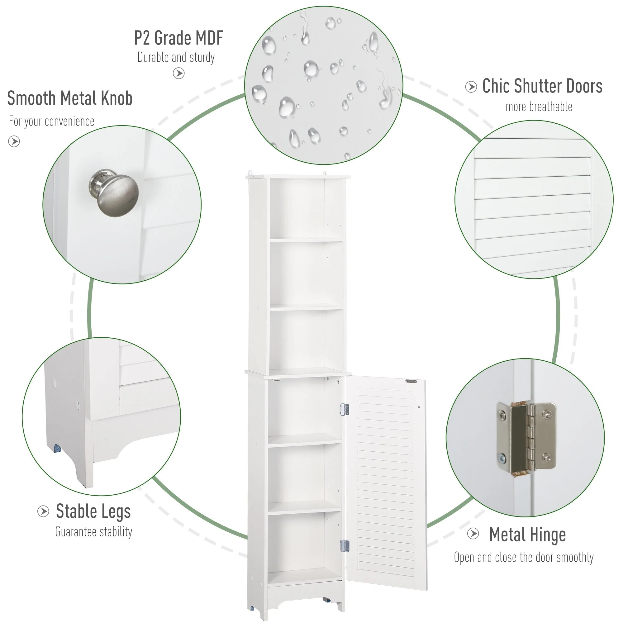 Homcom Tall Bathroom Cabinet Storage Cupboard Floor Standing Home Bathroom Furniture W/ 6 Shelves 165H X 34W X 20D cm White - Image 5