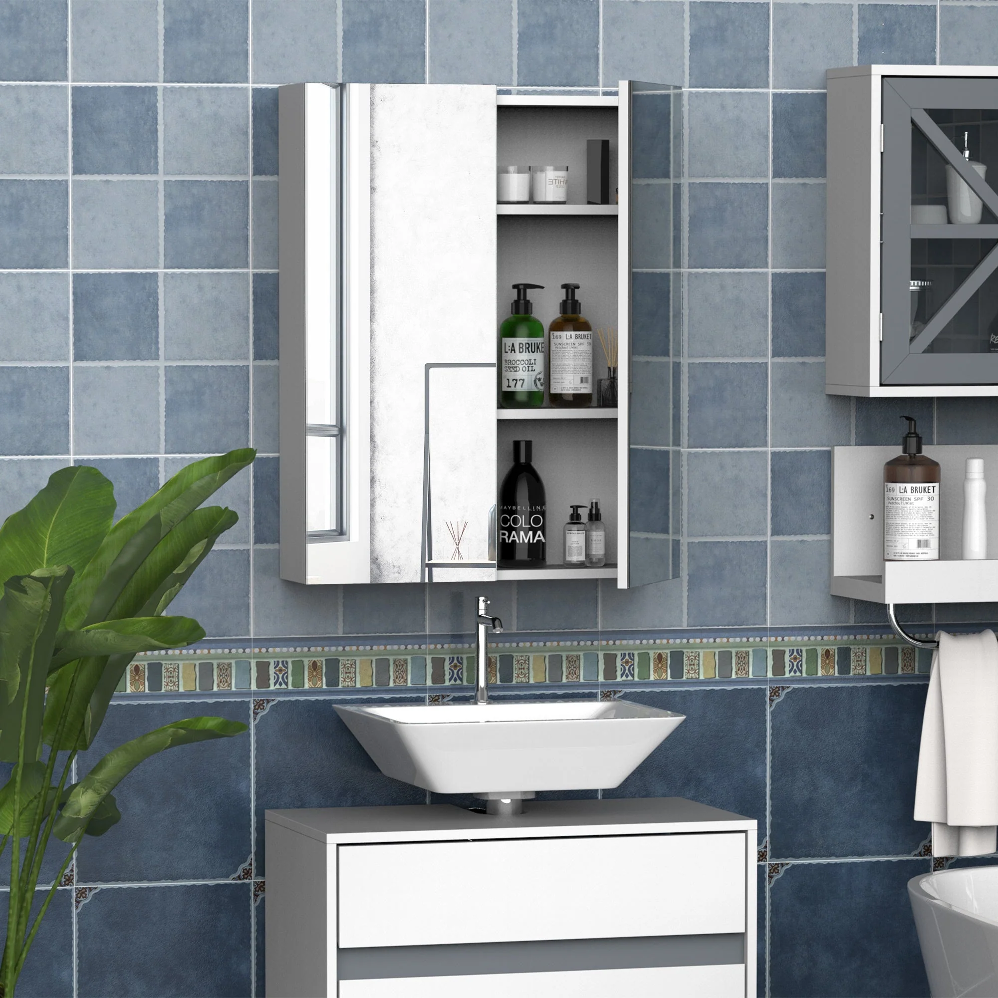 Homcom Wall Mount Mirror Cabinet Wood Bathroom Storage Shelf Double Door Cupboard Adjustable (60Wx15Dx75H (cm)) - Image 2