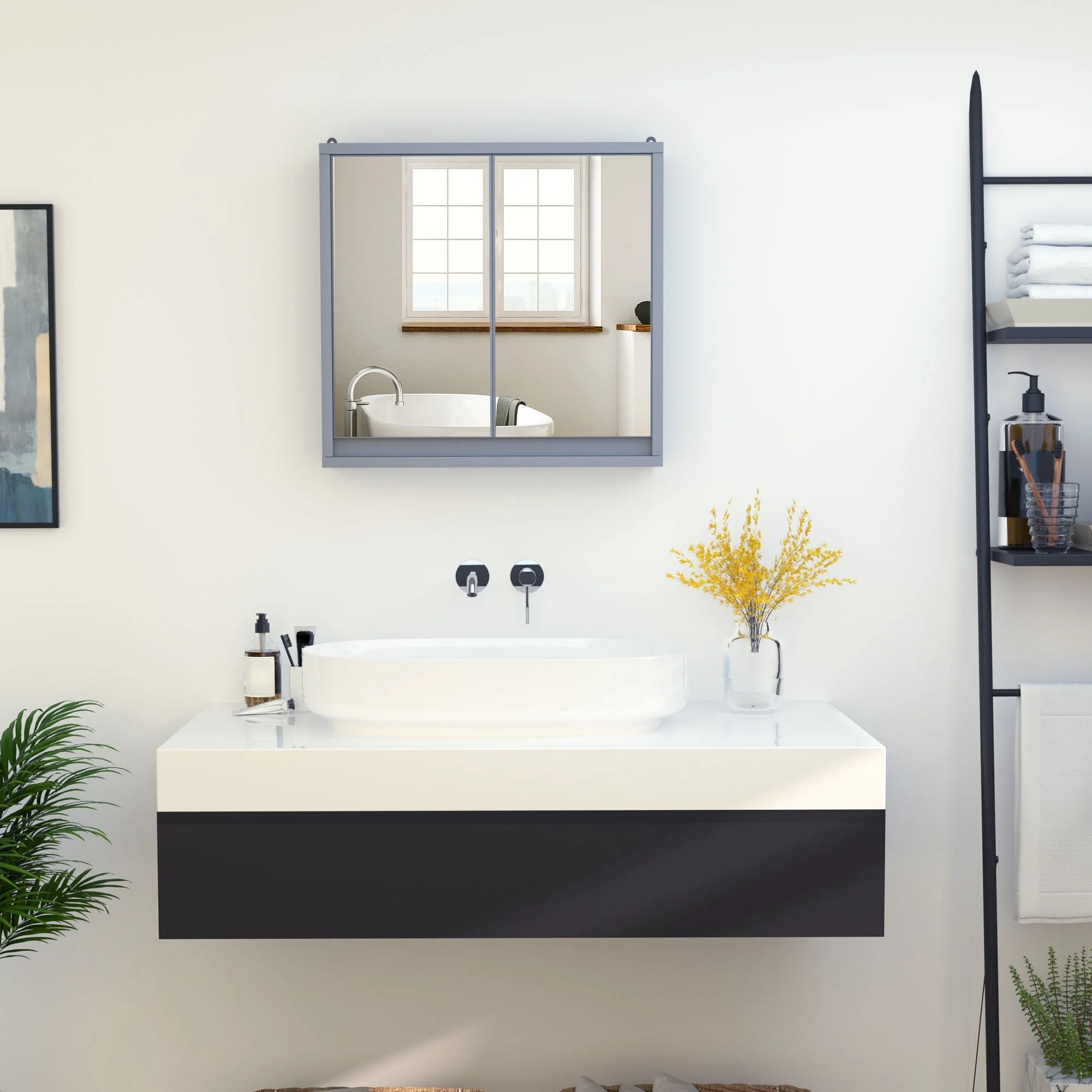 Homcom Wall Mounted Mirror Cabinet with Storage Shelf Bathroom Cupboard Double Door Grey - Image 2