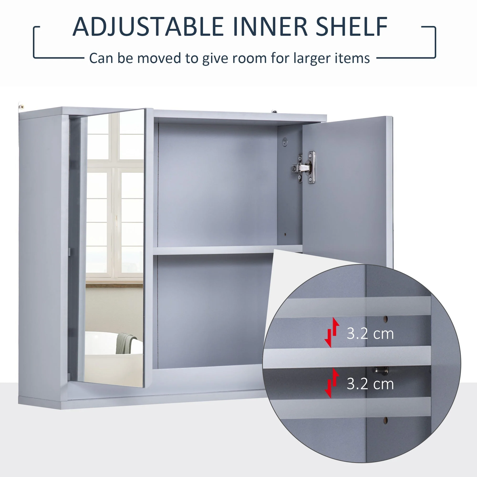 Homcom Wall Mounted Mirror Cabinet with Storage Shelf Bathroom Cupboard Double Door Grey - Image 4