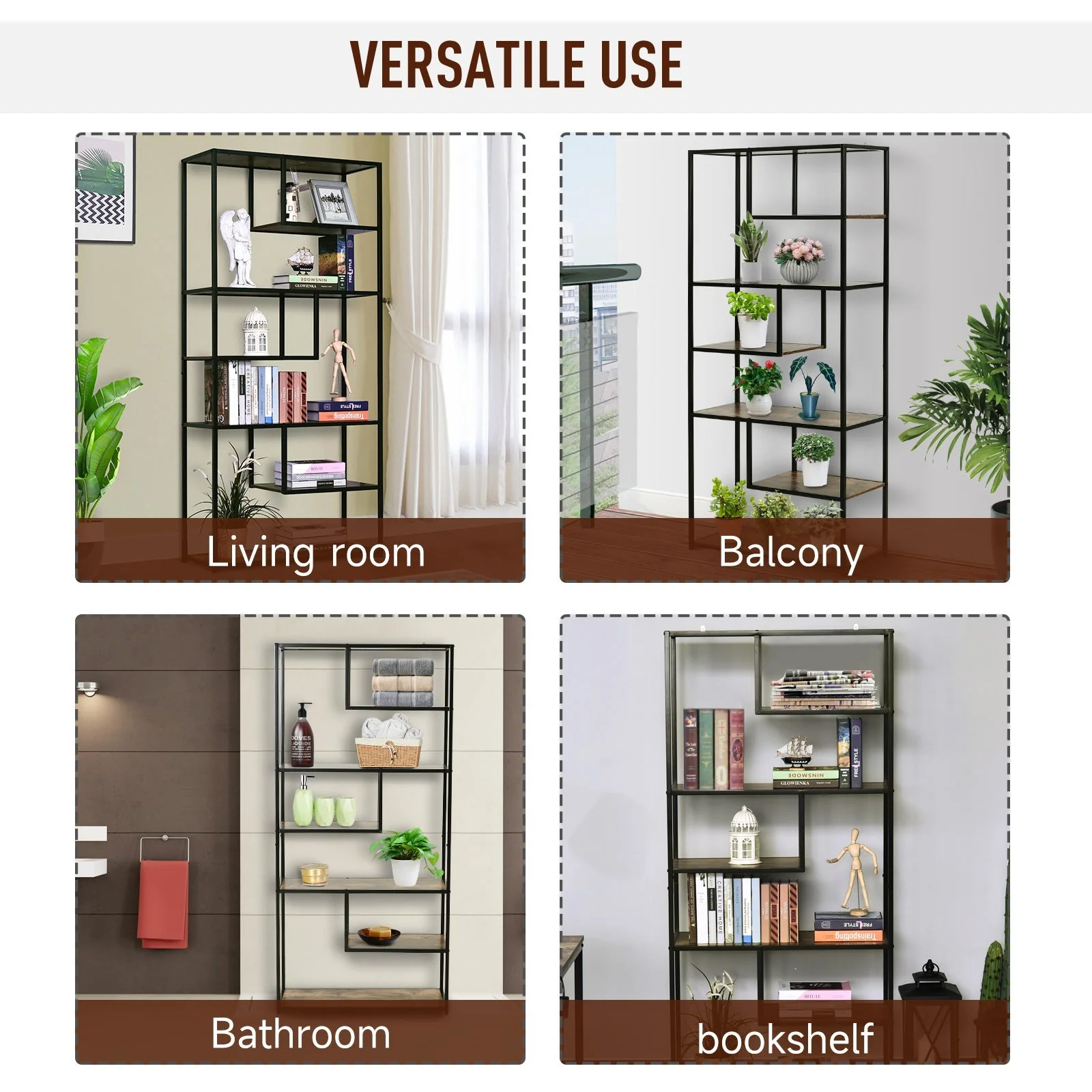 Homcom Wood Shelf Bookcase Industrial Style Stand 6-Staggered Shelf Living Room Display Rack Organiser - Image 4
