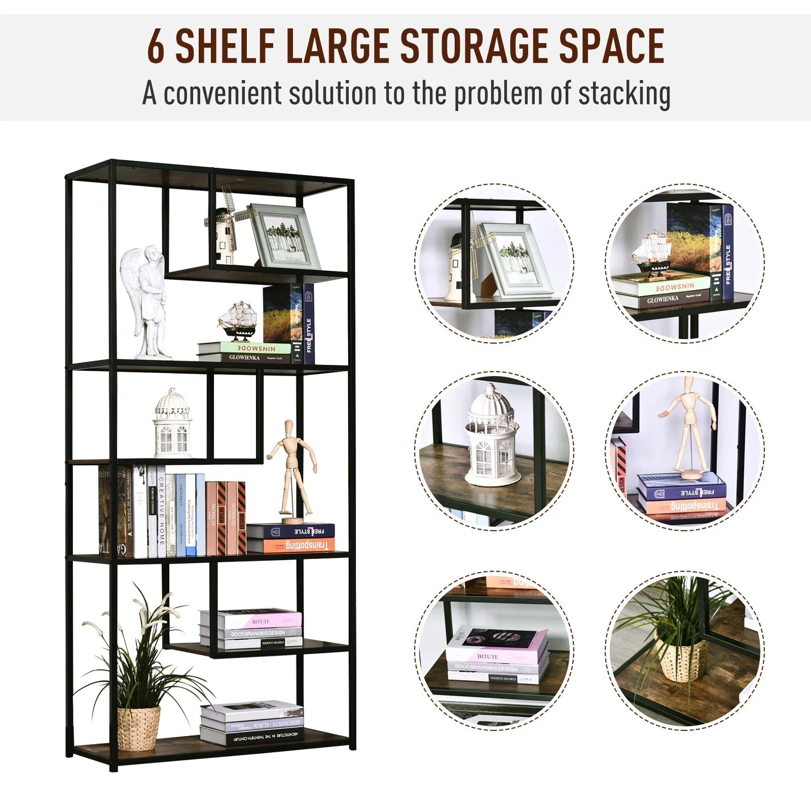 Homcom Wood Shelf Bookcase Industrial Style Stand 6-Staggered Shelf Living Room Display Rack Organiser - Image 5