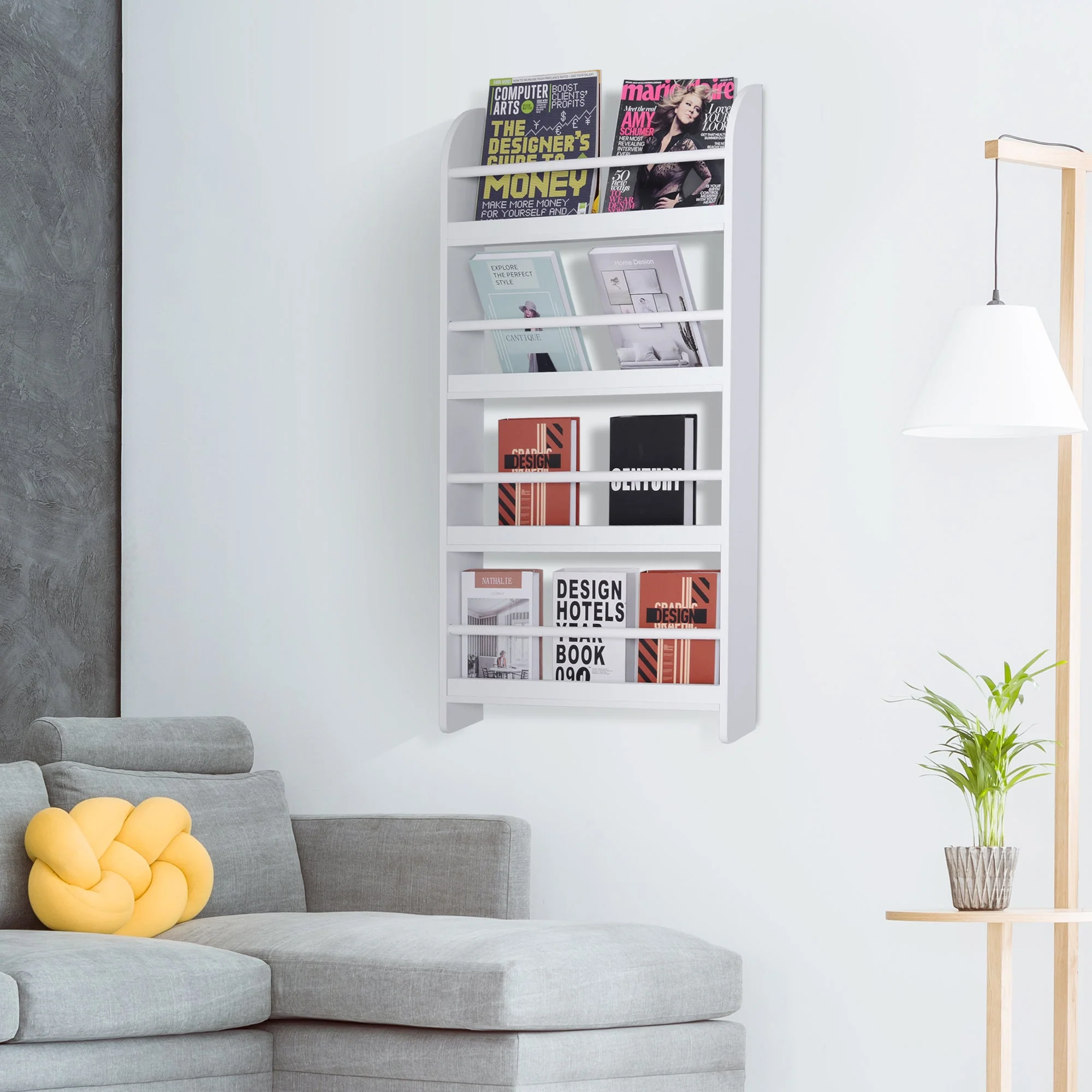 Homcom Wood Wall/Standing Magazine Holders Book Rack Shelf 4 Tiers Space Saving Design Water Resist Home Office Decoration - Image 9