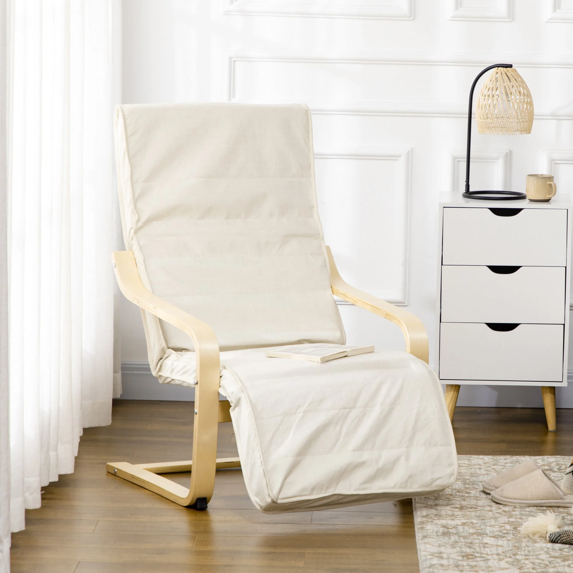 Homcom Wooden Lounging Chair Deck Relaxing Recliner Lounge Seat With Adjustable Footrest & Removable Cushion - Image 2