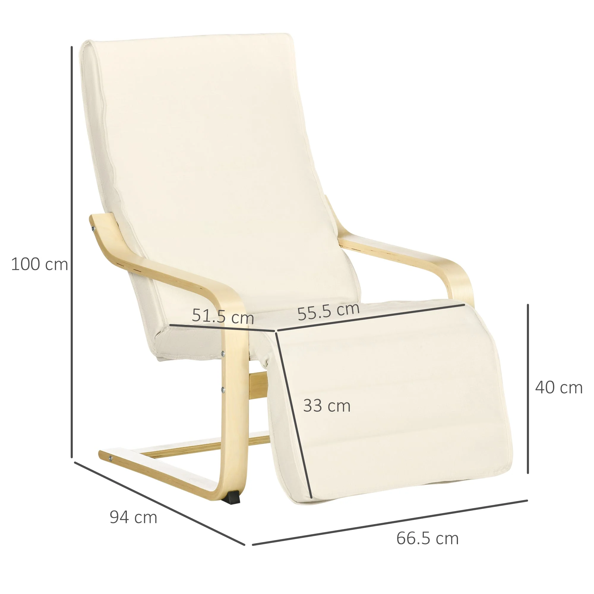 Homcom Wooden Lounging Chair Deck Relaxing Recliner Lounge Seat With Adjustable Footrest & Removable Cushion - Image 3