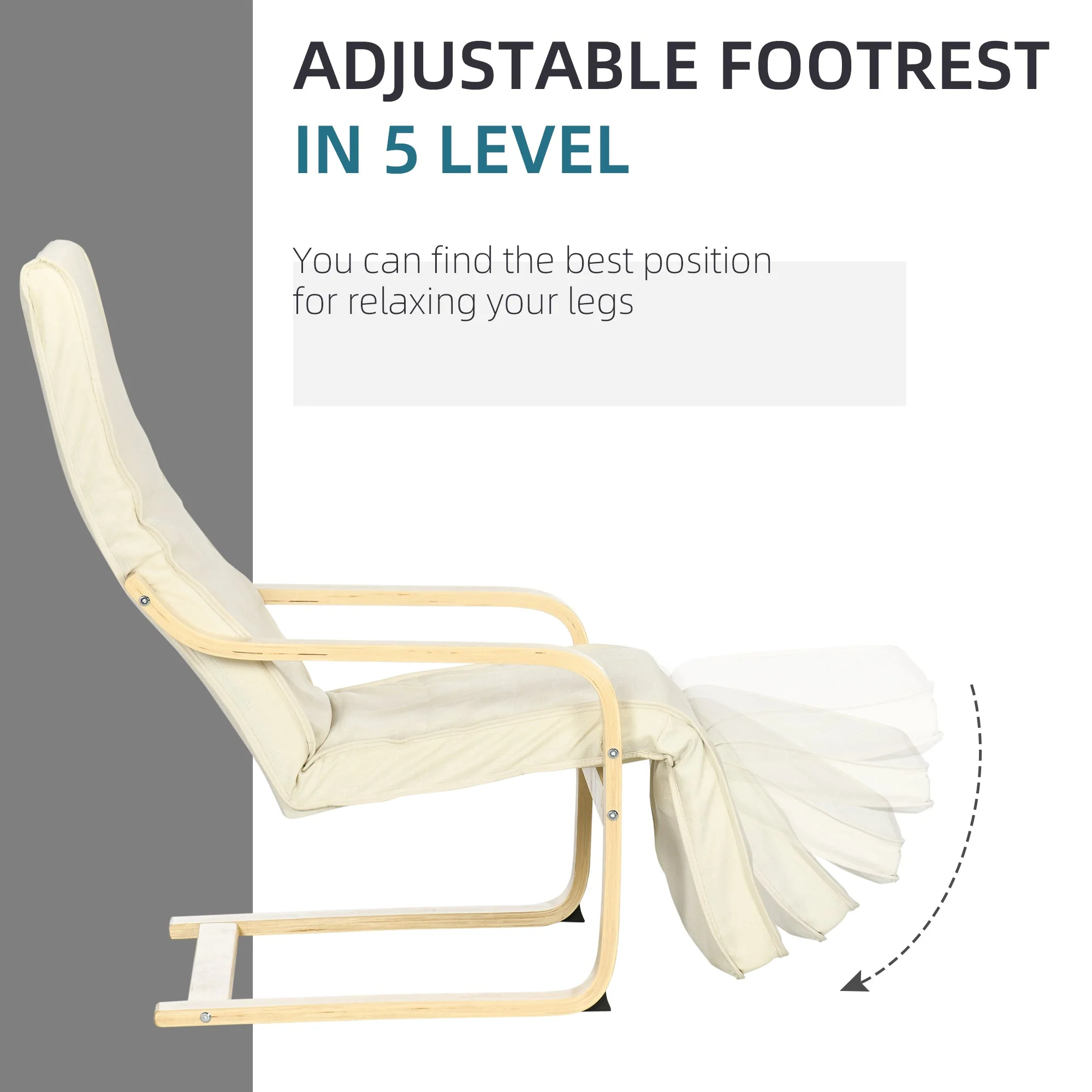 Homcom Wooden Lounging Chair Deck Relaxing Recliner Lounge Seat With Adjustable Footrest & Removable Cushion - Image 4