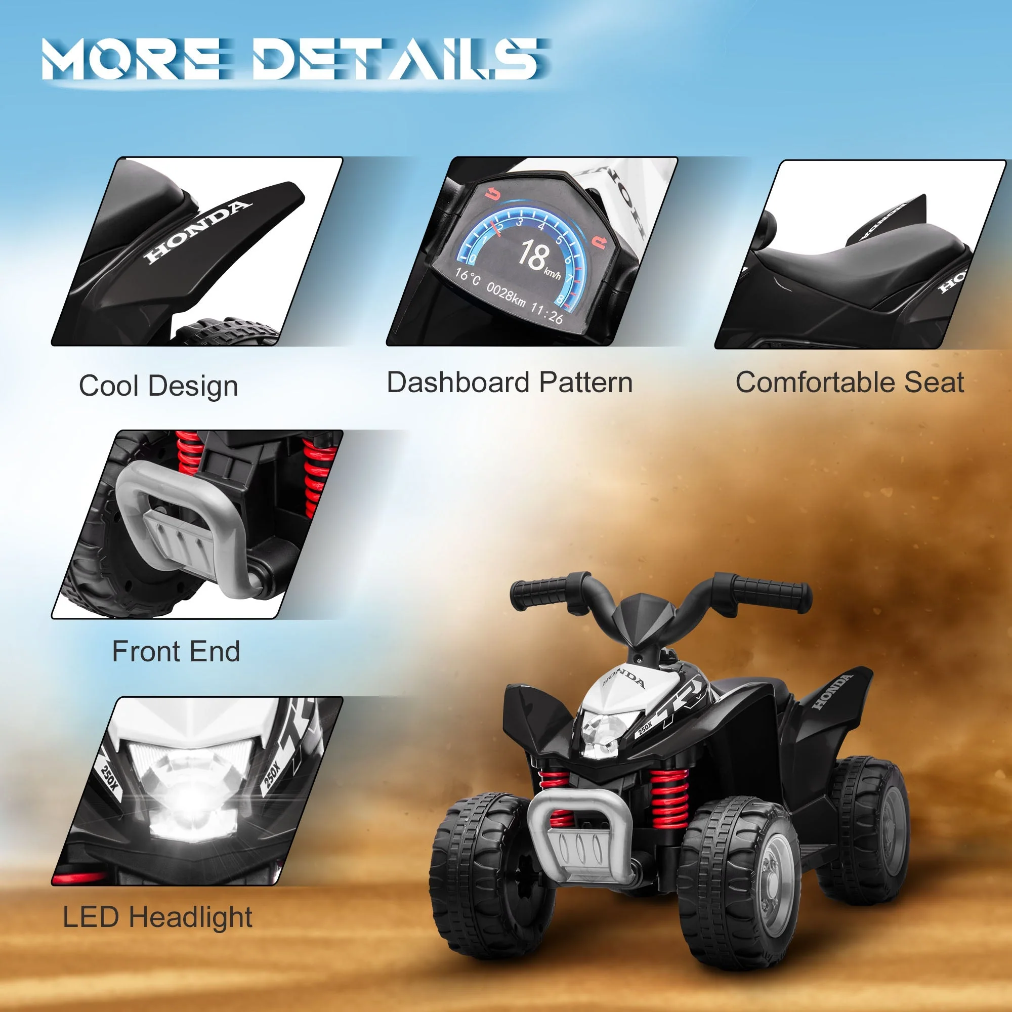 Honda Ride On Quad Bike With LED Light & Horn 1.5 To 3 Years Black by Aiyaplay - Image 5