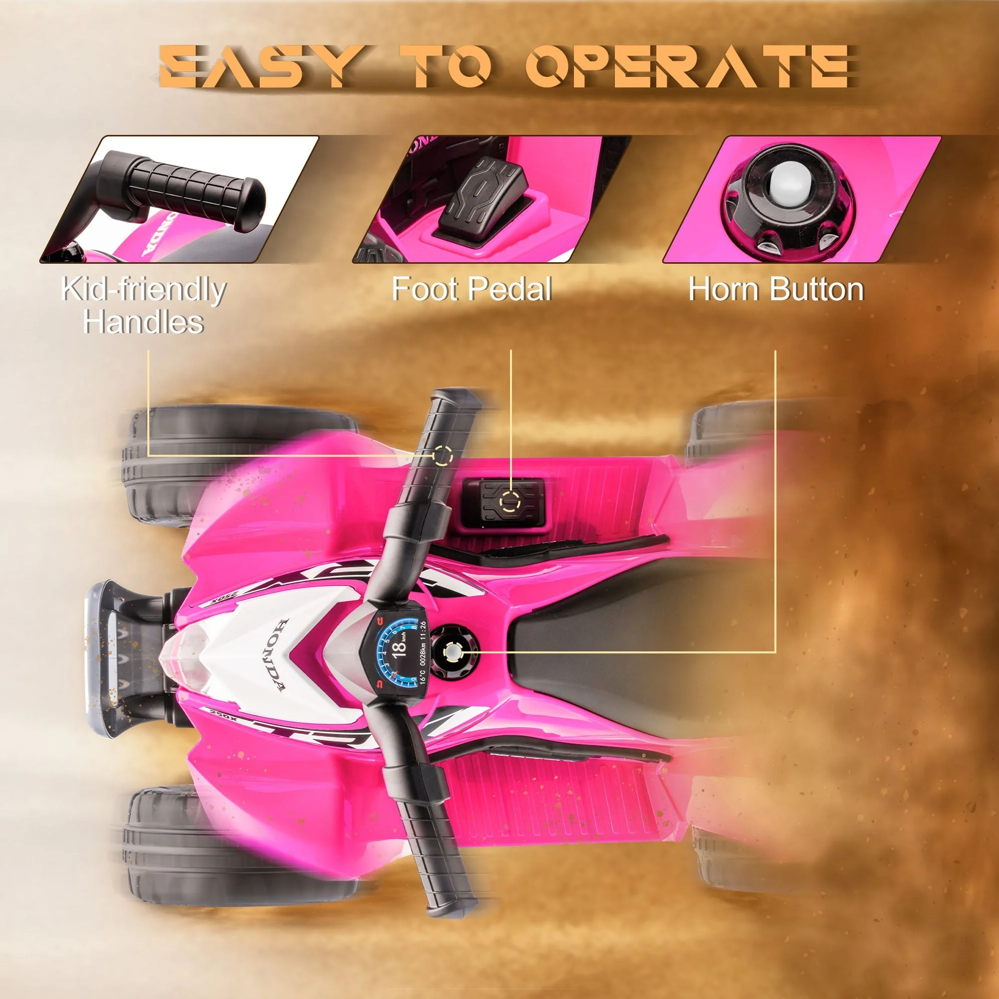 Honda Ride On Quad Bike With LED Light & Horn 1.5 To 3 Years Pink by Aiyaplay - Image 5