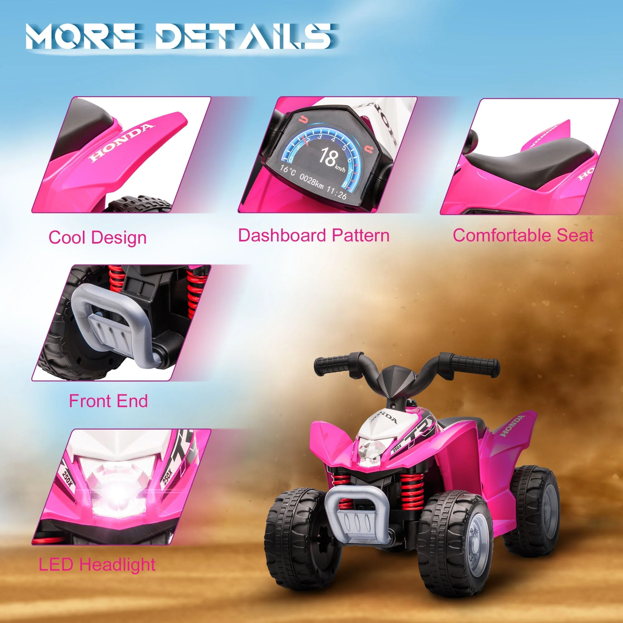Honda Ride On Quad Bike With LED Light & Horn 1.5 To 3 Years Pink by Aiyaplay - Image 7