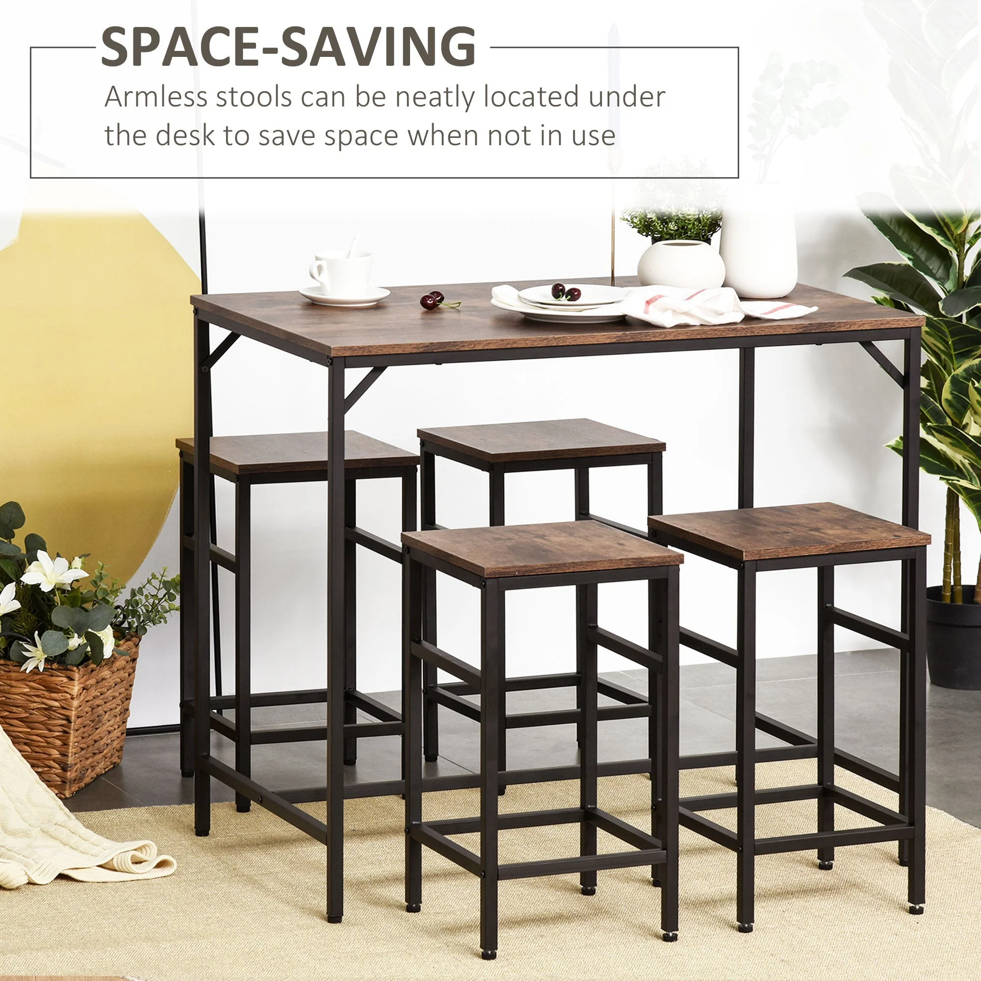 Industrial Rectangular Bar Table Set with 4 Stools for Dining Room - Image 4
