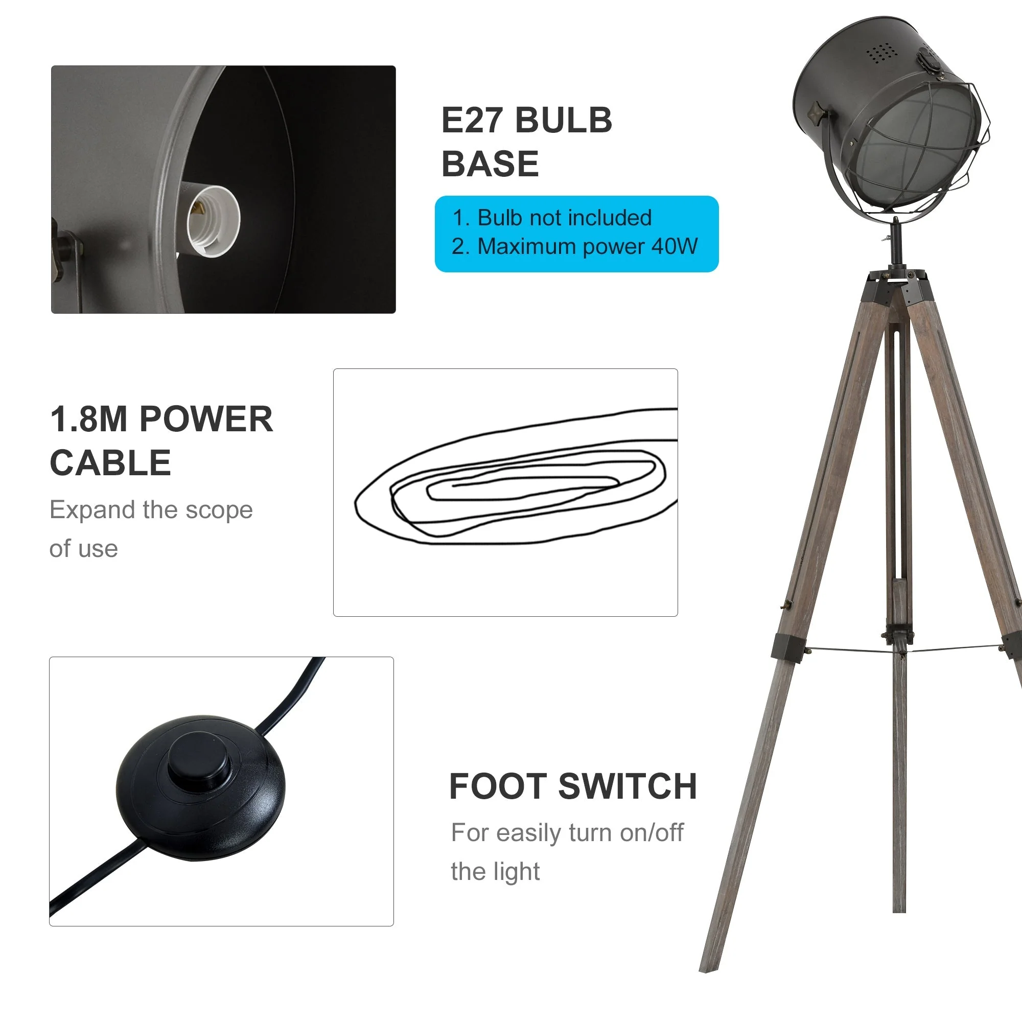 Industrial Style Adjustable Tripod Floor Lamp for Living Room Bedroom - Image 7