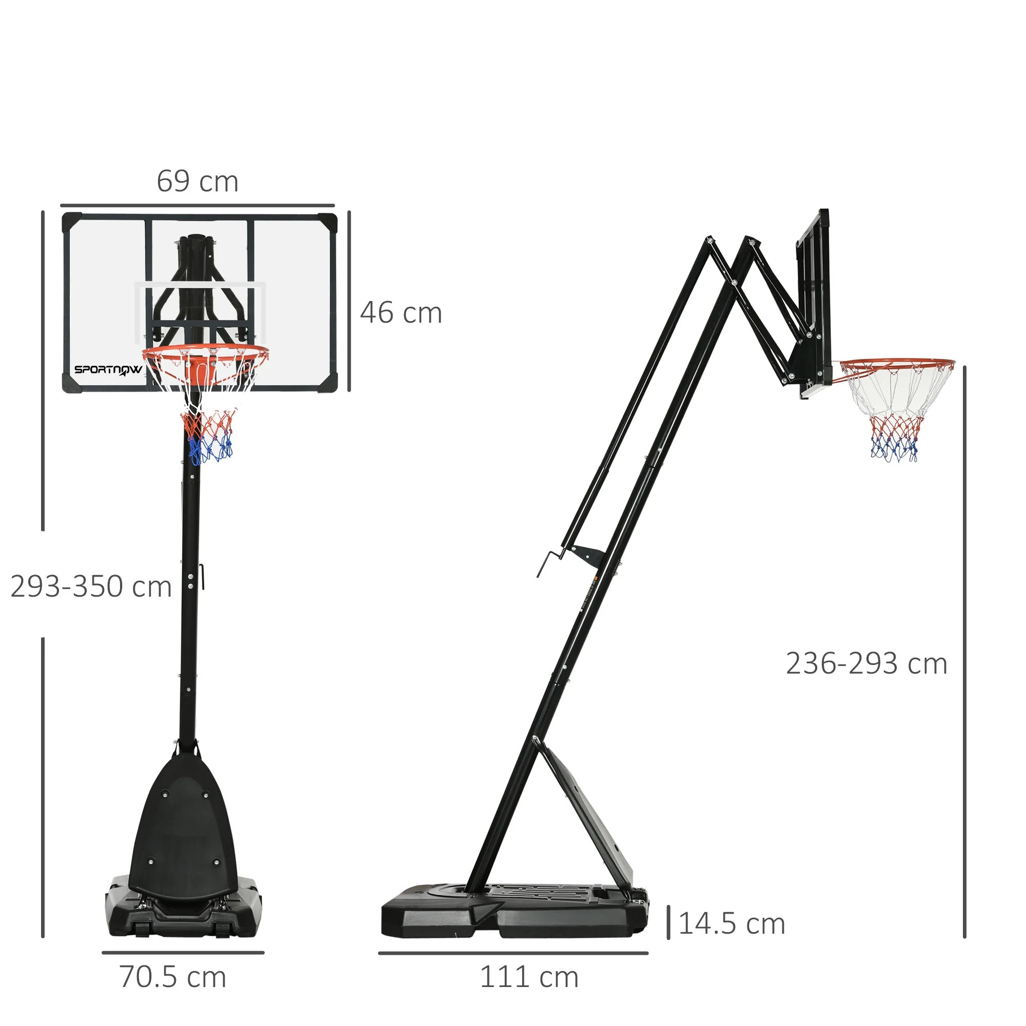 Jack-lift 2.3 to 2.9M Adjustable Free Standing Basketball Hoop Weighted Base With Transit Wheels Black & Red by Sportnow - Image 3