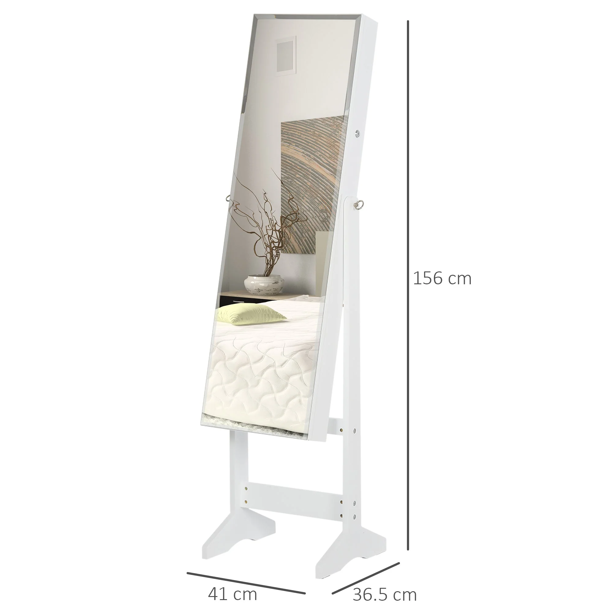 Jewelry Cabinet Standing Mirror Full Length Makeup Lockable Armoire Storage Organizer White - Image 3