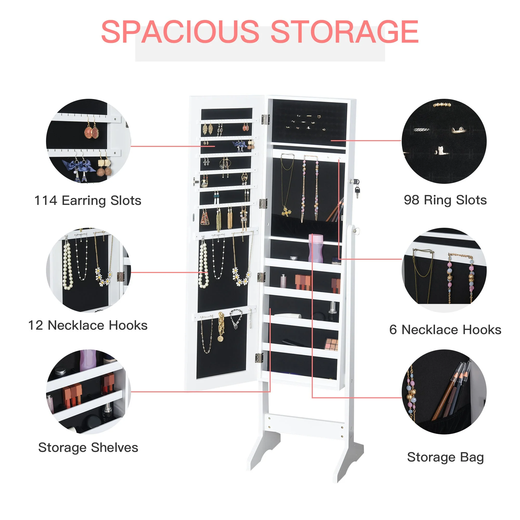 Jewelry Cabinet Standing Mirror Full Length Makeup Lockable Armoire Storage Organizer White - Image 6