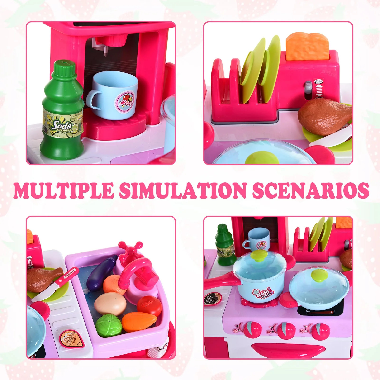 Kids 38-Piece Plastic Kitchen Play Set w/ Light & Sound Effects Pink - Image 6