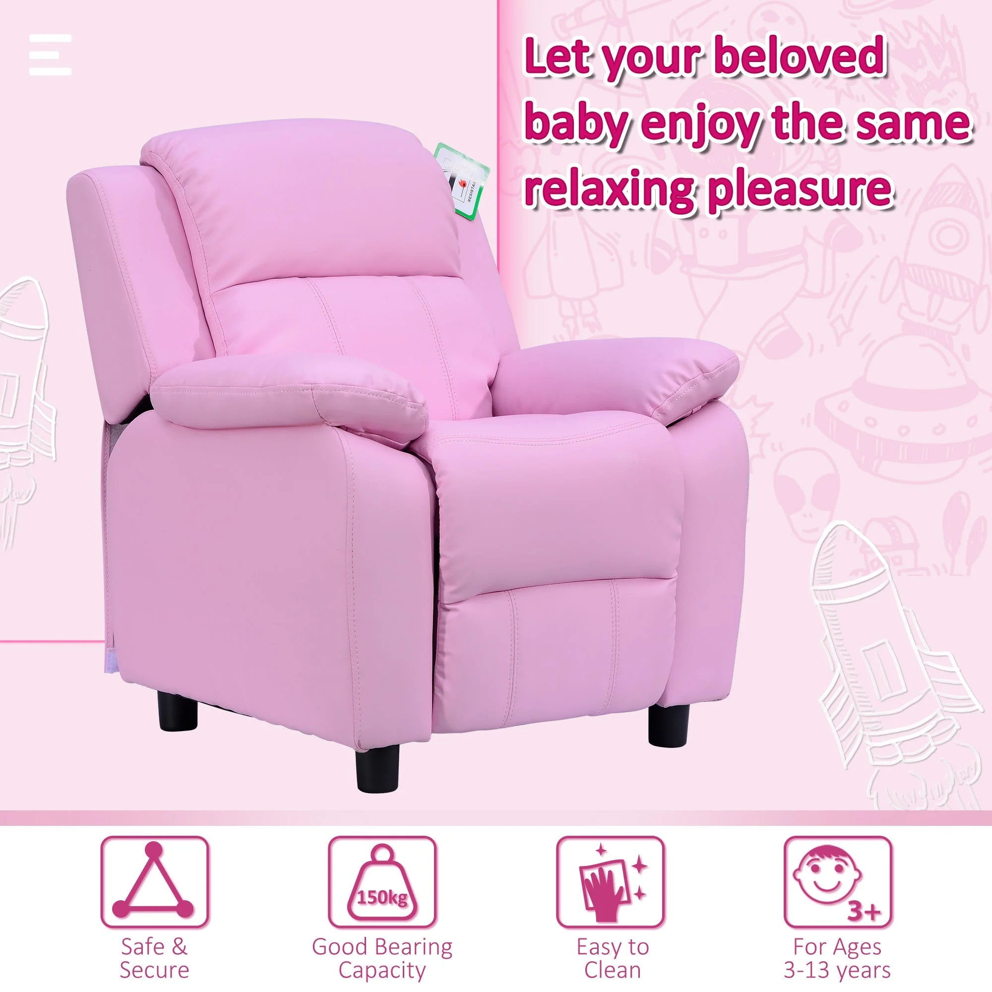 Kids Children Recliner Lounger Armchair Games Chair Sofa Seat PU Leather Look w/ Storage Space on Arms Pink - Image 4