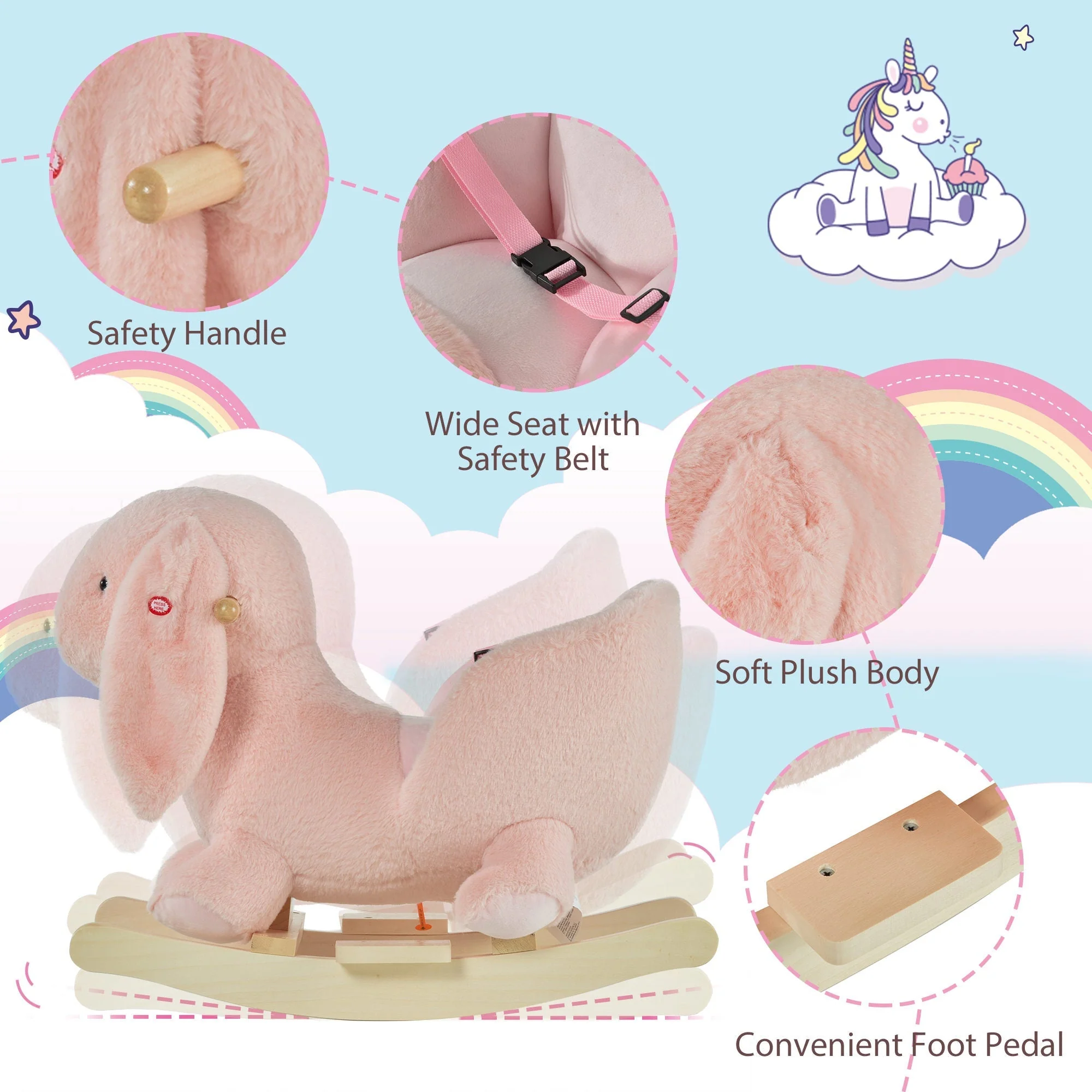 Kids Children Rocking Horse Plush Ride On Rabbit Seat w/ Sound Wood Base Seat Safety Belt Toddler Baby Toy Rocker Pink 18 - 36 Months - Image 4