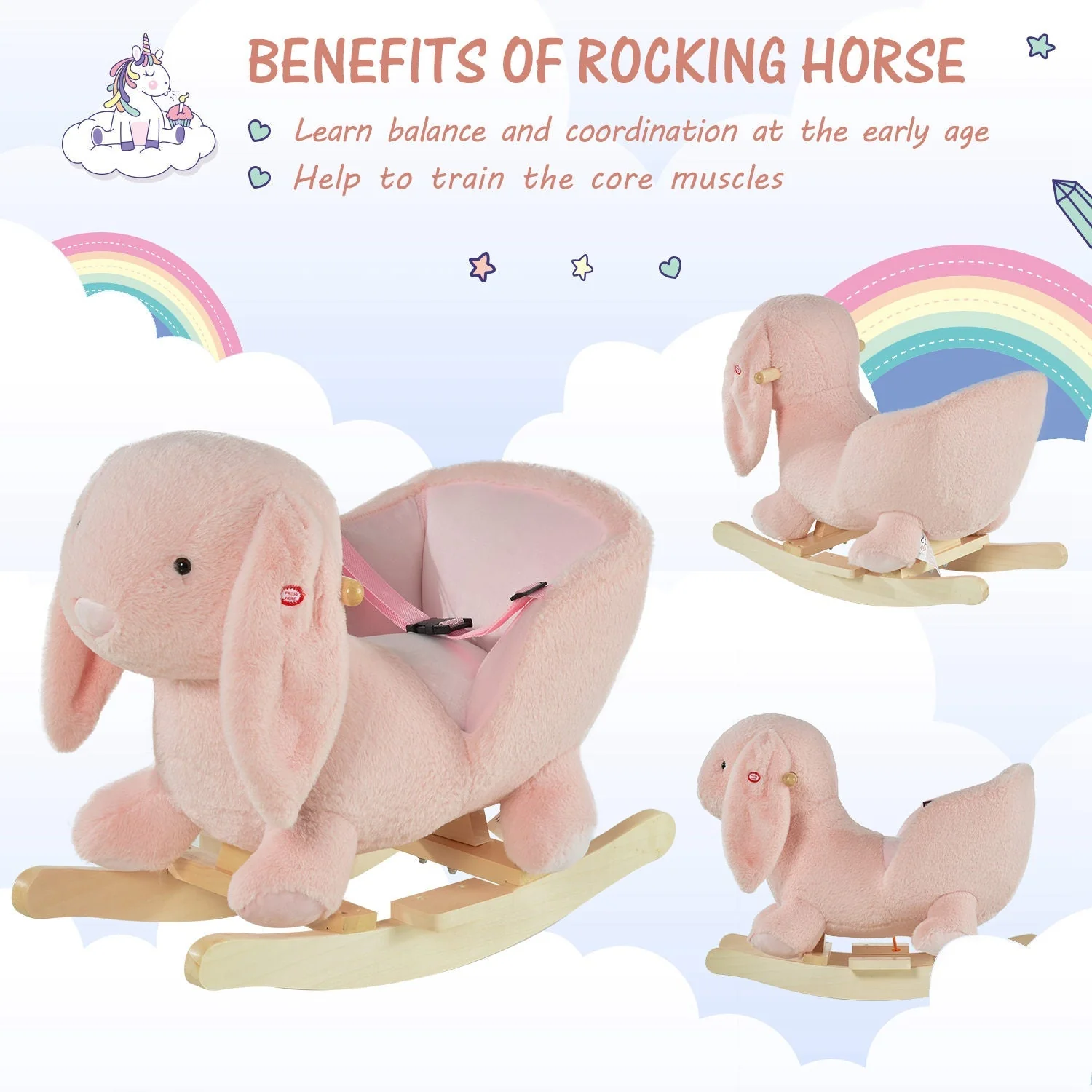 Kids Children Rocking Horse Plush Ride On Rabbit Seat w/ Sound Wood Base Seat Safety Belt Toddler Baby Toy Rocker Pink 18 - 36 Months - Image 6