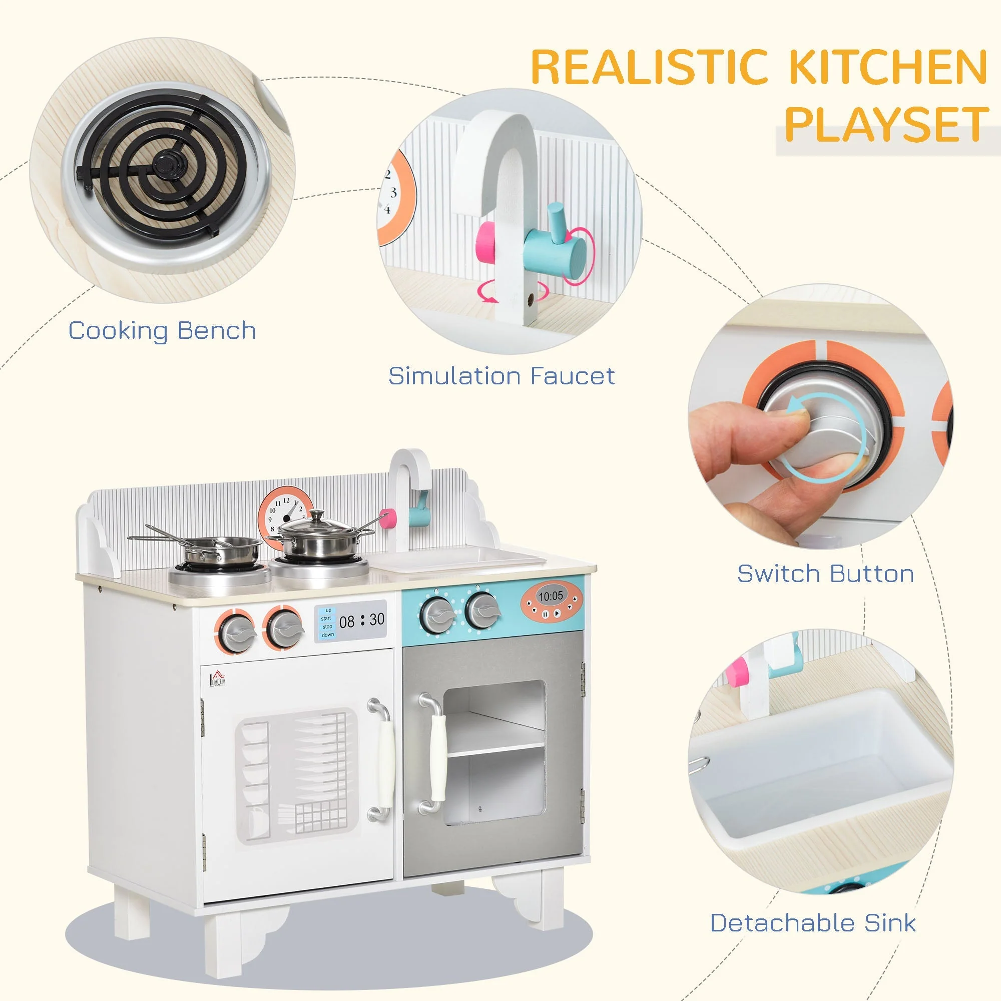 Kids Kitchen Play Cooking Toy Set w/ Sink Cooking Bench for 3-6 Years Old White - Image 5