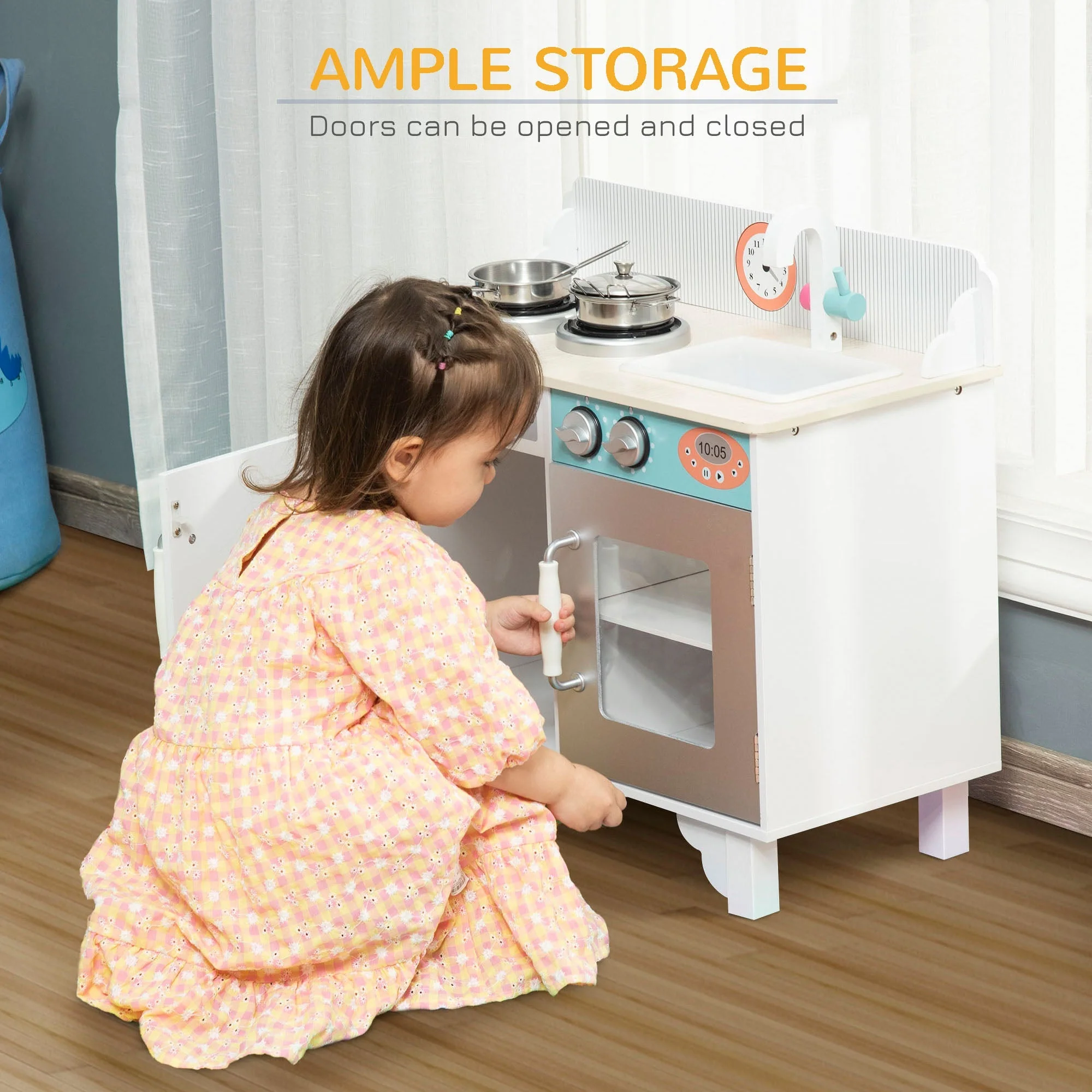 Kids Kitchen Play Cooking Toy Set w/ Sink Cooking Bench for 3-6 Years Old White - Image 6