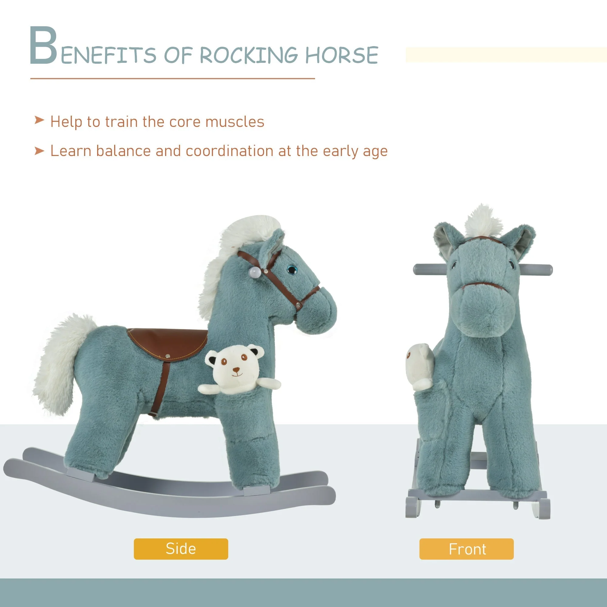 Kids Plush Ride-On Rocking Horse Toy Rocker with Plush Toy Realistic Sounds for Child 18-36 Months Blue - Image 5